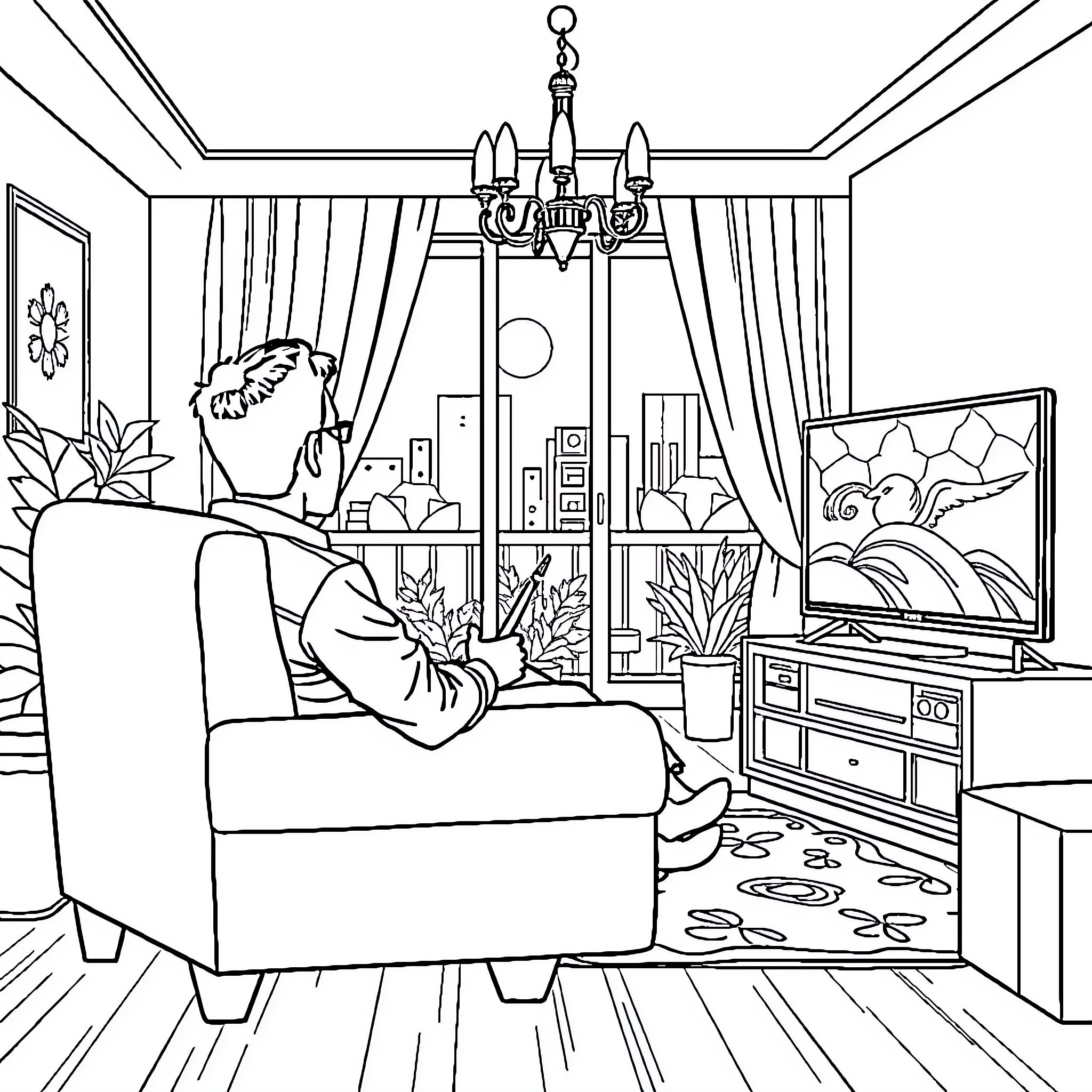 Person relaxing in living room on couch Coloring Page (free black-and-white line drawing printable PDF for all, from beginners to advanced learners, including children, teens, adults, and seniors)