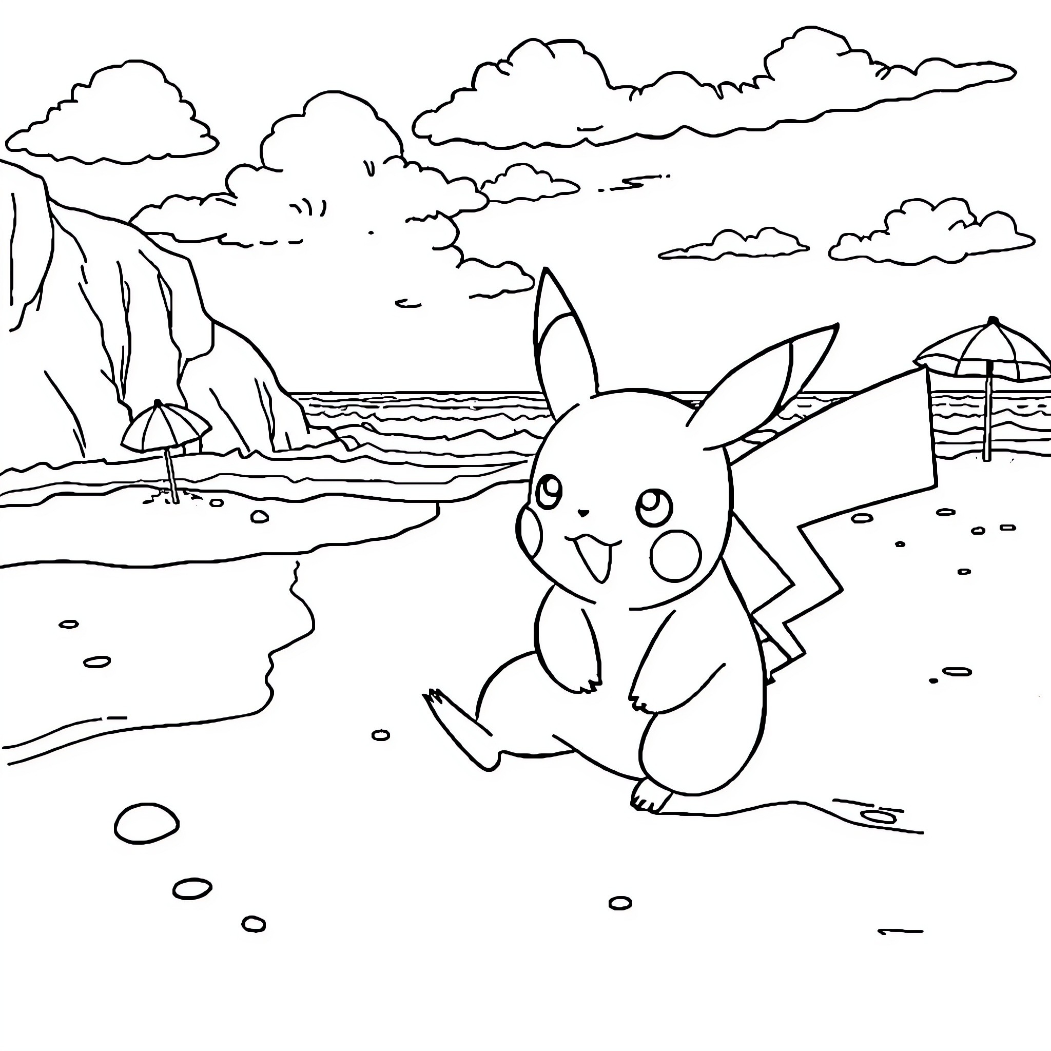 Pikachu playing at the beach Coloring Page (free black-and-white line drawing printable PDF for all, from beginners to advanced learners, including children, teens, adults, and seniors)
