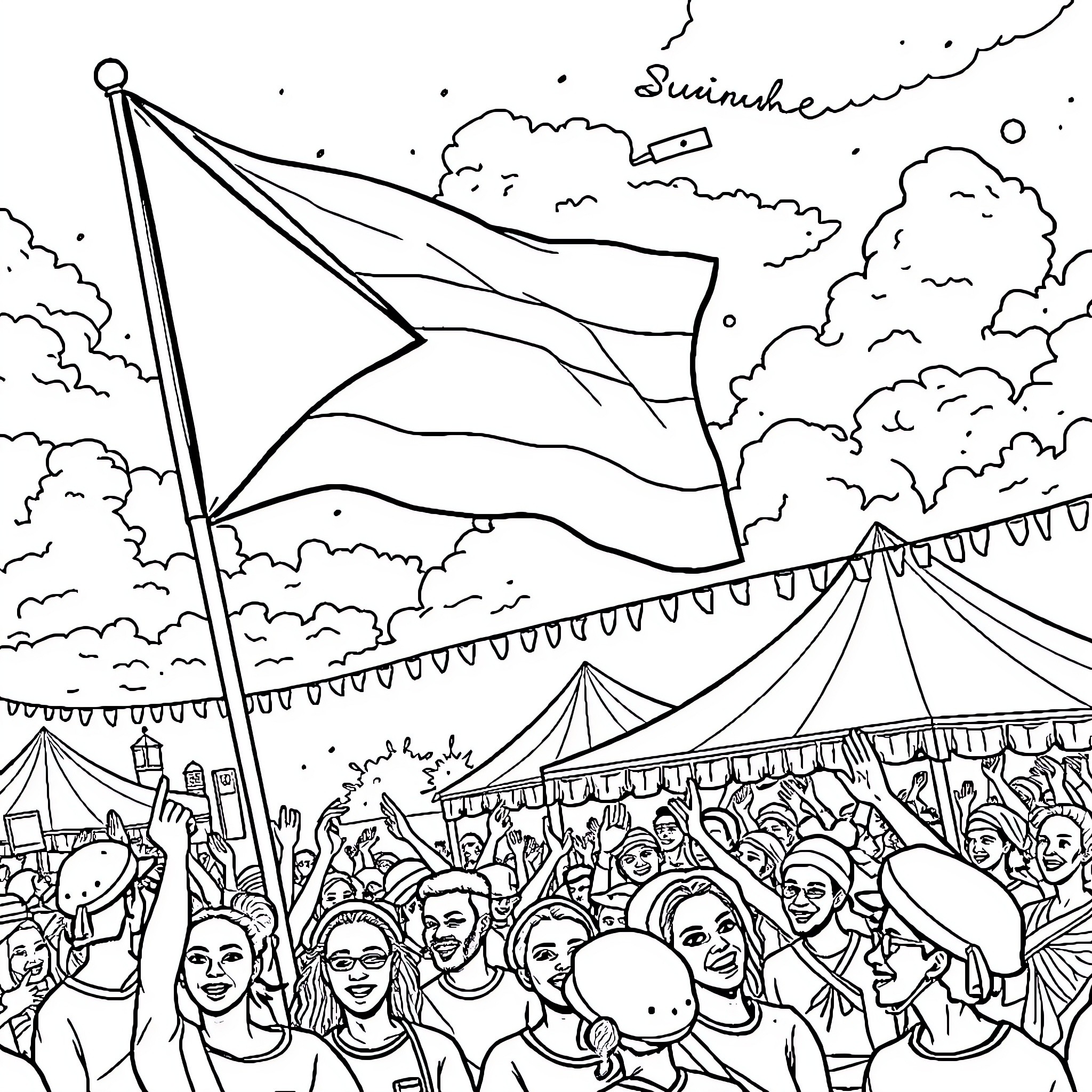 Flag waving over a festive outdoor event Coloring Page (free black-and-white line drawing printable PDF for all, from beginners to advanced learners, including children, teens, adults, and seniors)