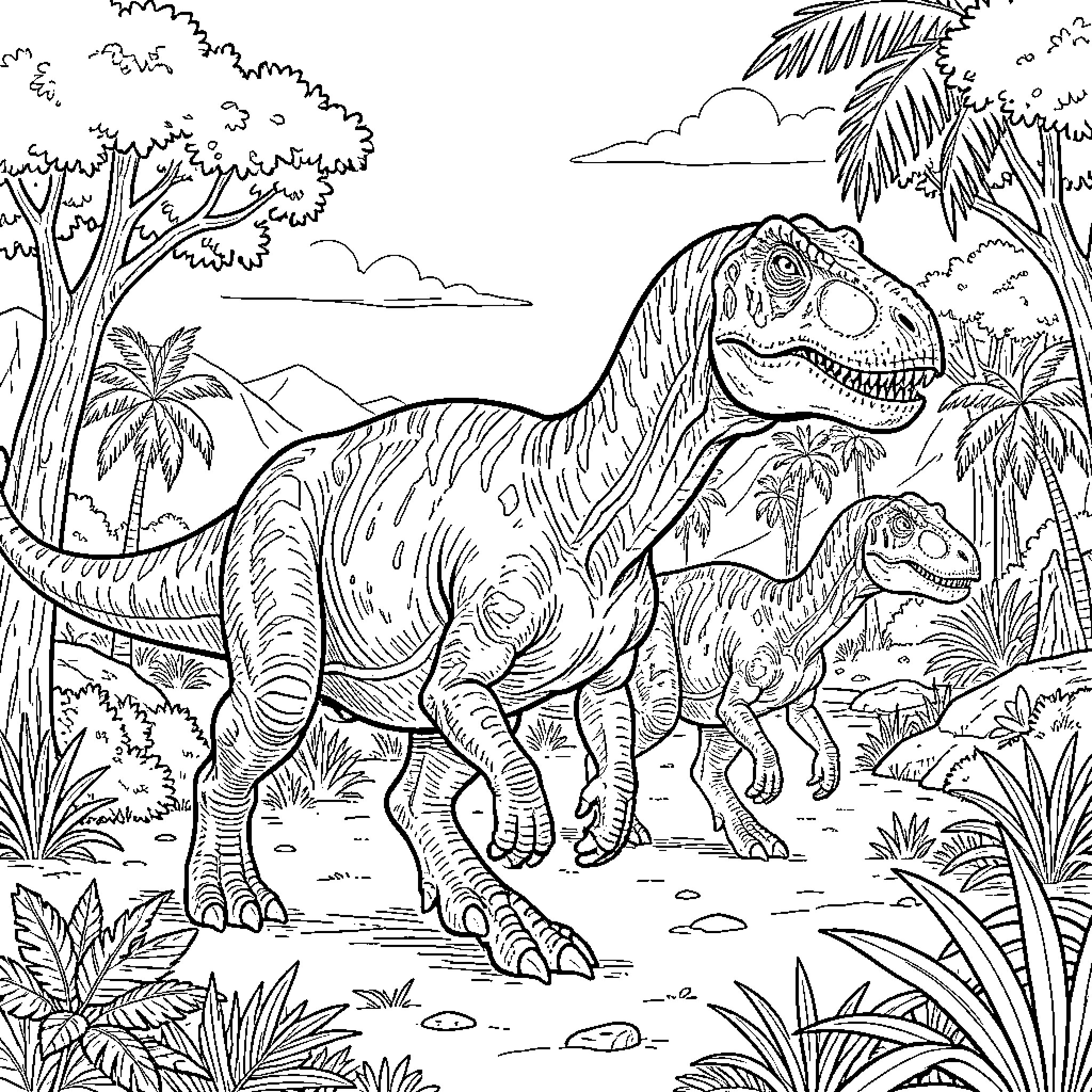 Dinosaur walking through a lush tropical jungle Coloring Page (free black-and-white line drawing printable PDF for all, from beginners to advanced learners, including children, teens, adults, and seniors)