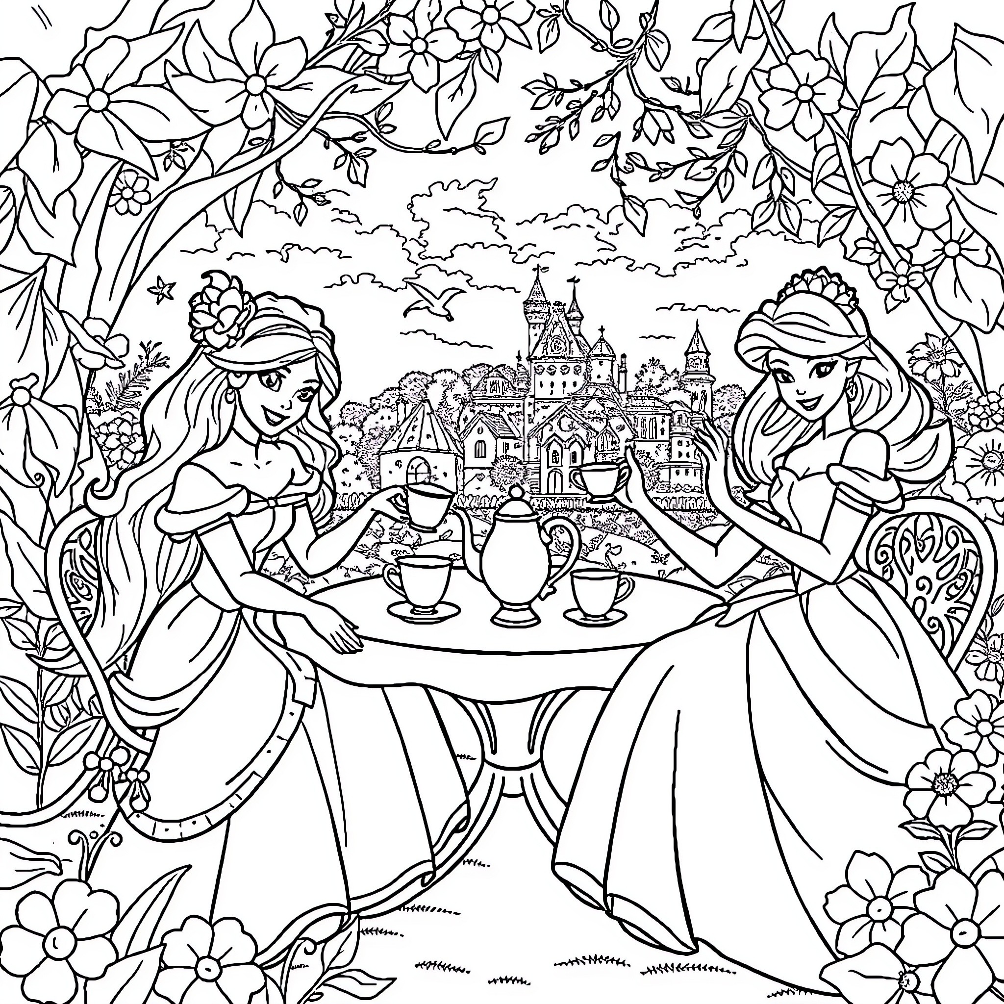 Princess Tea Party in the Royal Garden Coloring Page (free black-and-white line drawing printable PDF for all, from beginners to advanced learners, including children, teens, adults, and seniors)