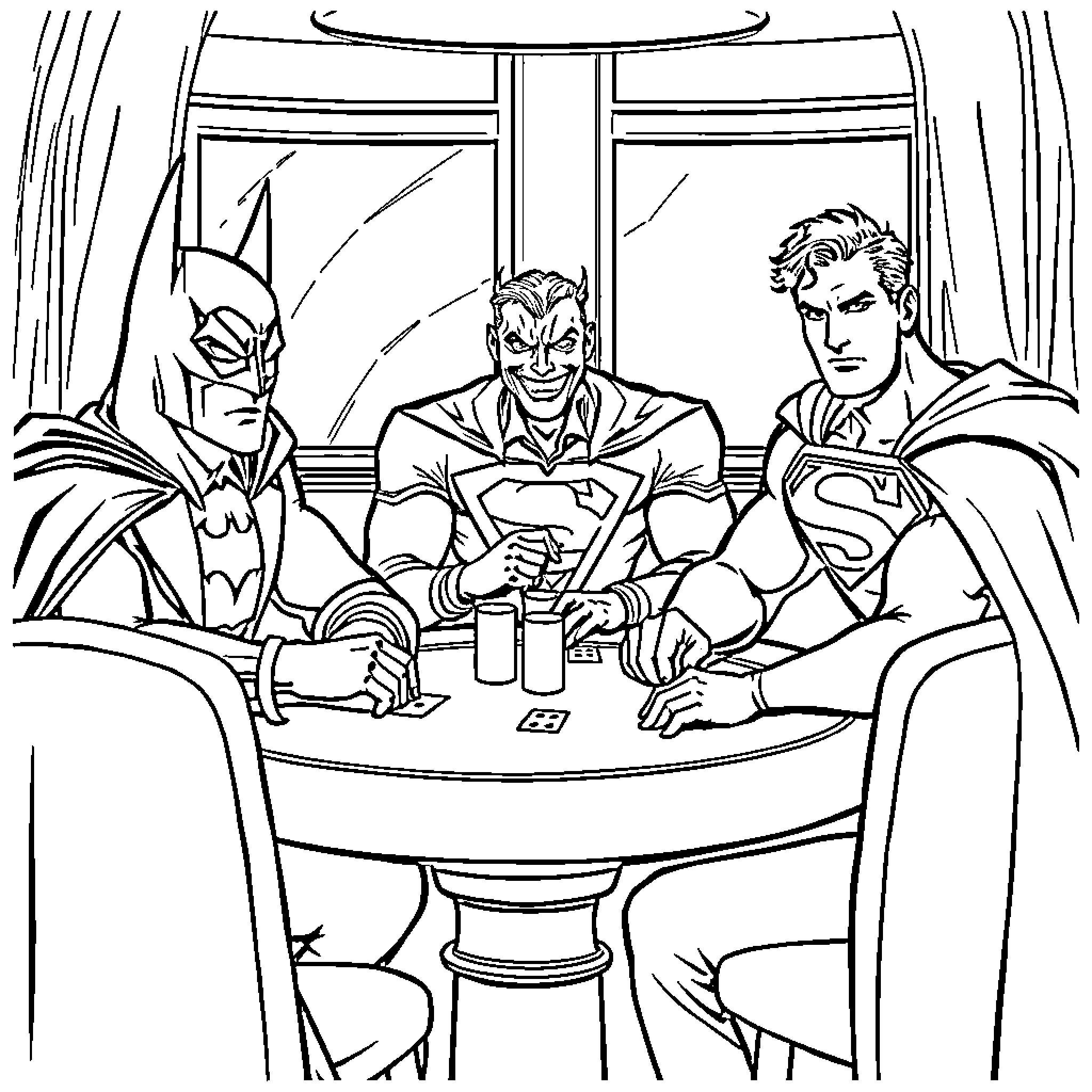 Batman, Joker, and Superman playing cards together Coloring Page (free black-and-white line drawing printable PDF for all, from beginners to advanced learners, including children, teens, adults, and seniors)