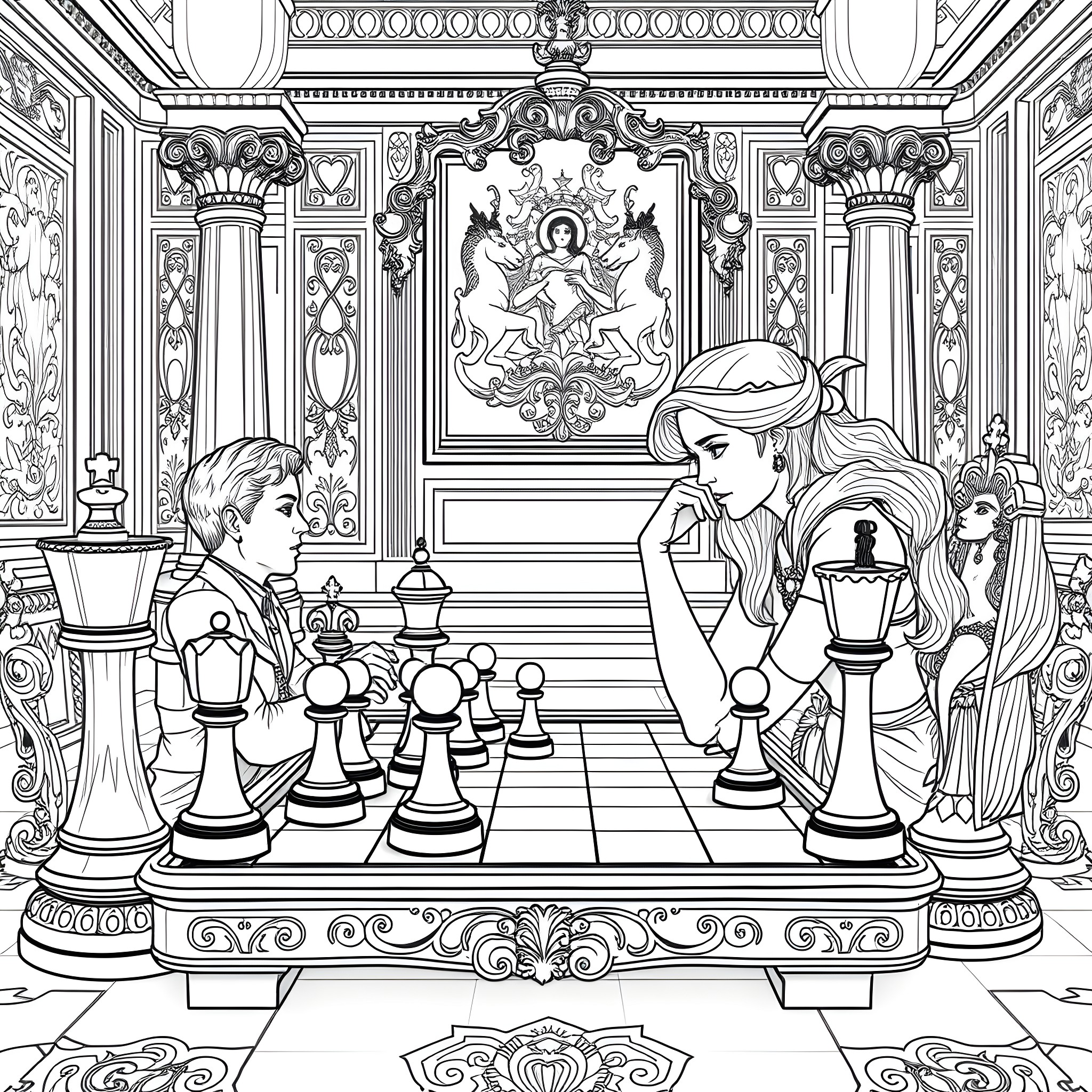 Angela White Playing Chess in a Grandiose Palace Coloring Page (free black-and-white line drawing printable PDF for all, from beginners to advanced learners, including children, teens, adults, and seniors)