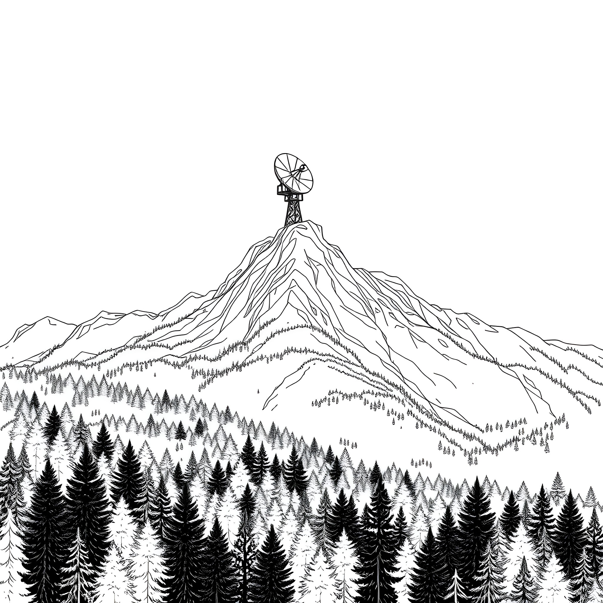 Forest scene with a windmill on a mountain peak Coloring Page (free black-and-white line drawing printable PDF for all, from beginners to advanced learners, including children, teens, adults, and seniors)
