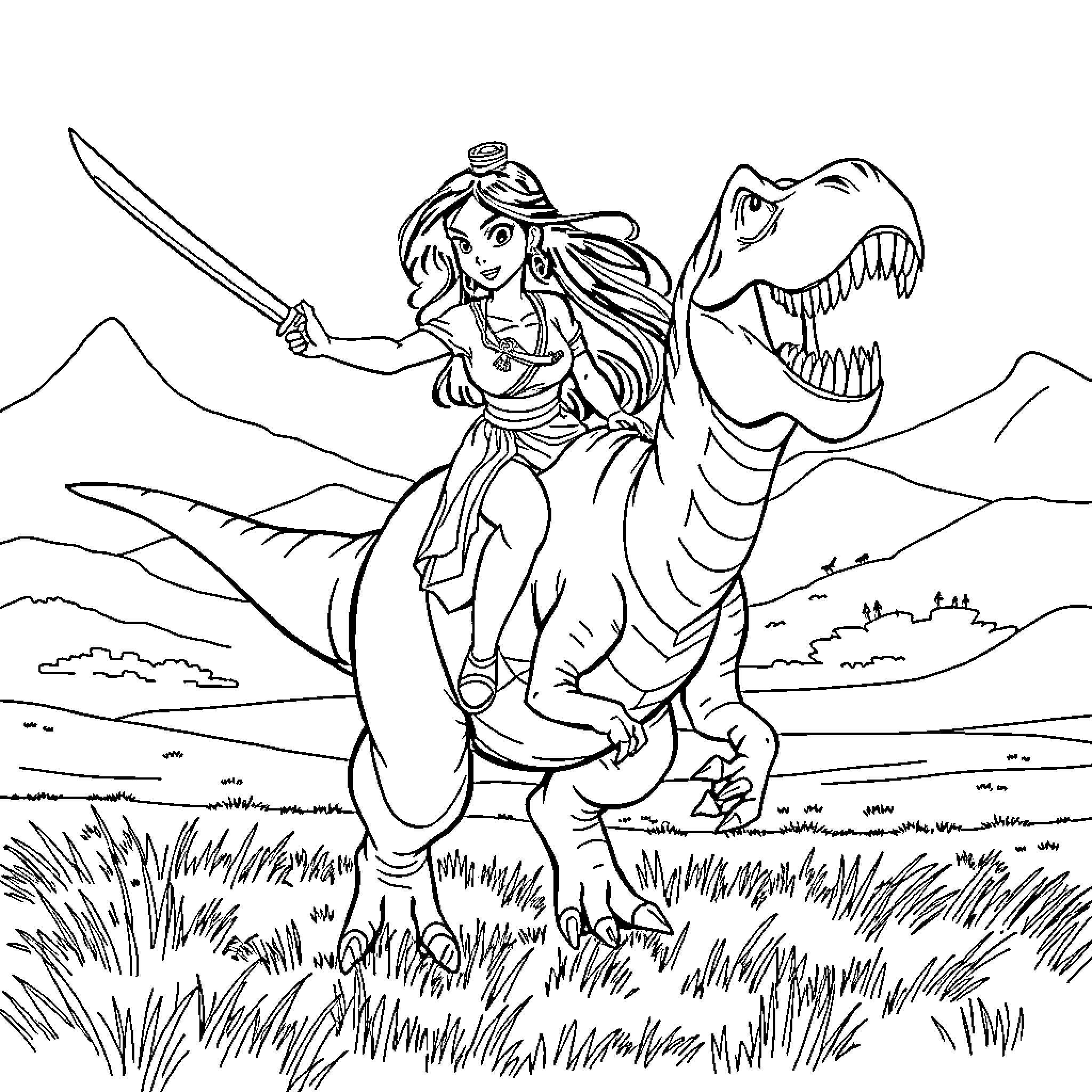 Mulan Riding Triumphantly on a Dinosaur Coloring Page (free black-and-white line drawing printable PDF for all, from beginners to advanced learners, including children, teens, adults, and seniors)