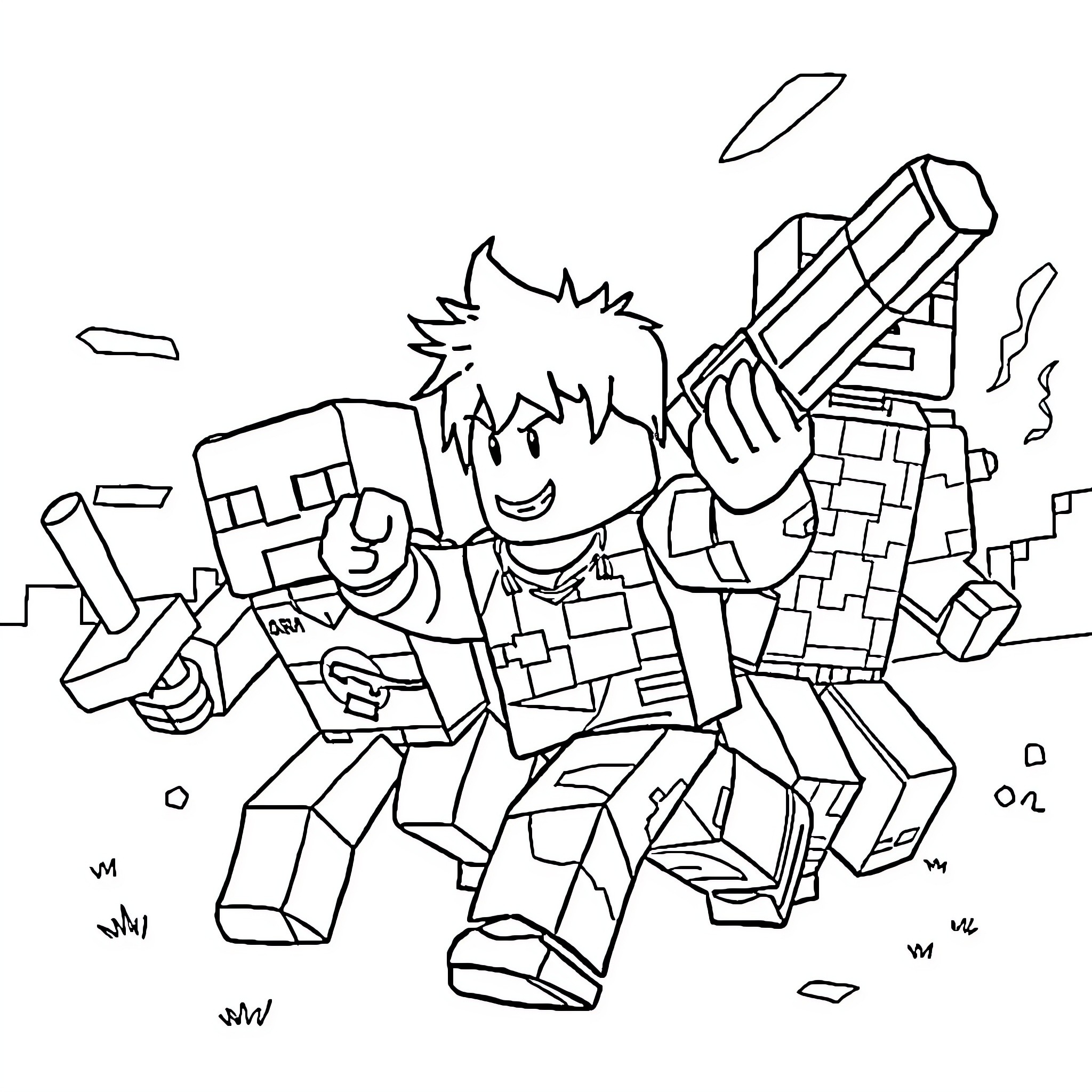 Roblox Character Engaged in Lively Action Coloring Page (free black-and-white line drawing printable PDF for all, from beginners to advanced learners, including children, teens, adults, and seniors)