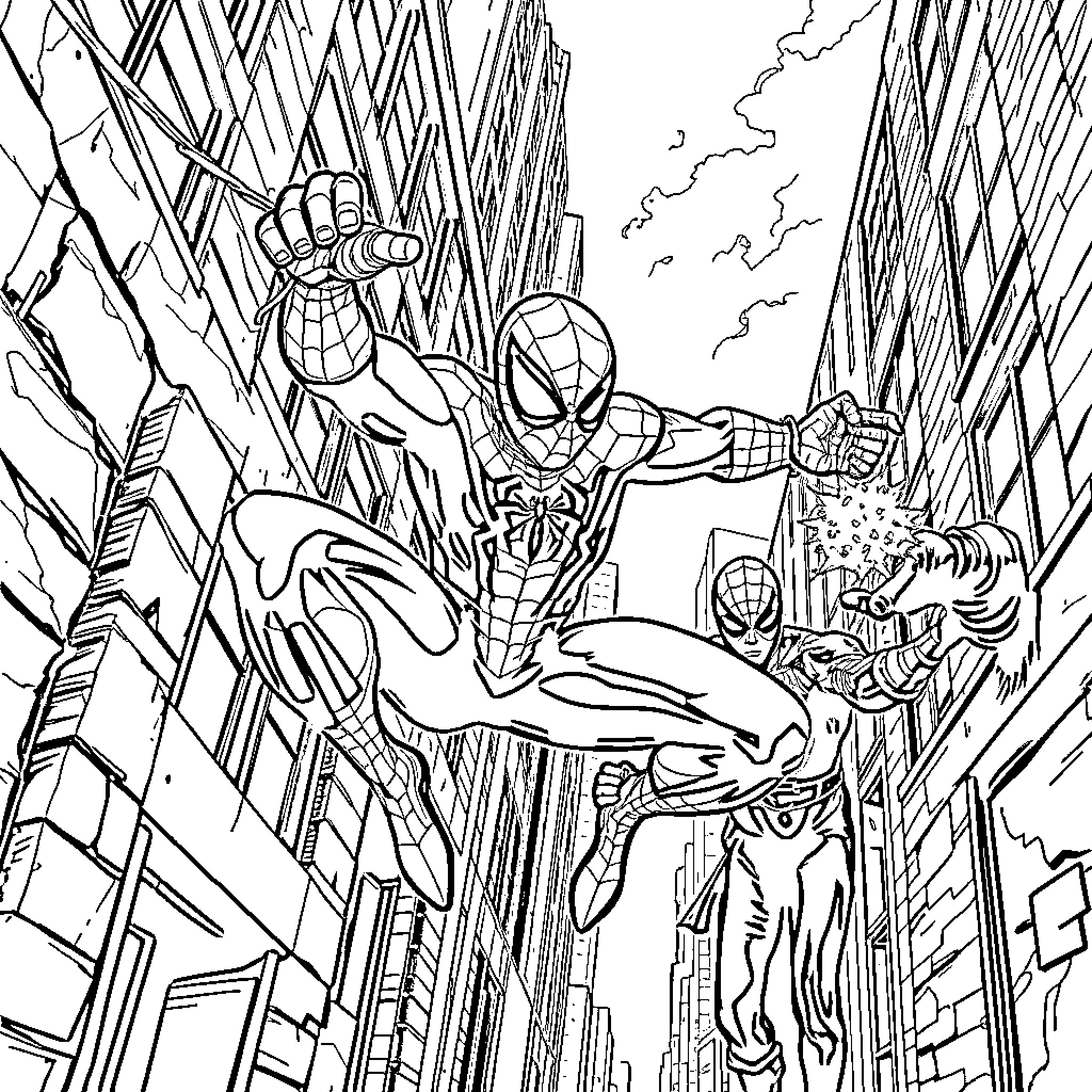 Spiderman swinging through a cityscape with action and drama Coloring Page (free black-and-white line drawing printable PDF for all, from beginners to advanced learners, including children, teens, adults, and seniors)