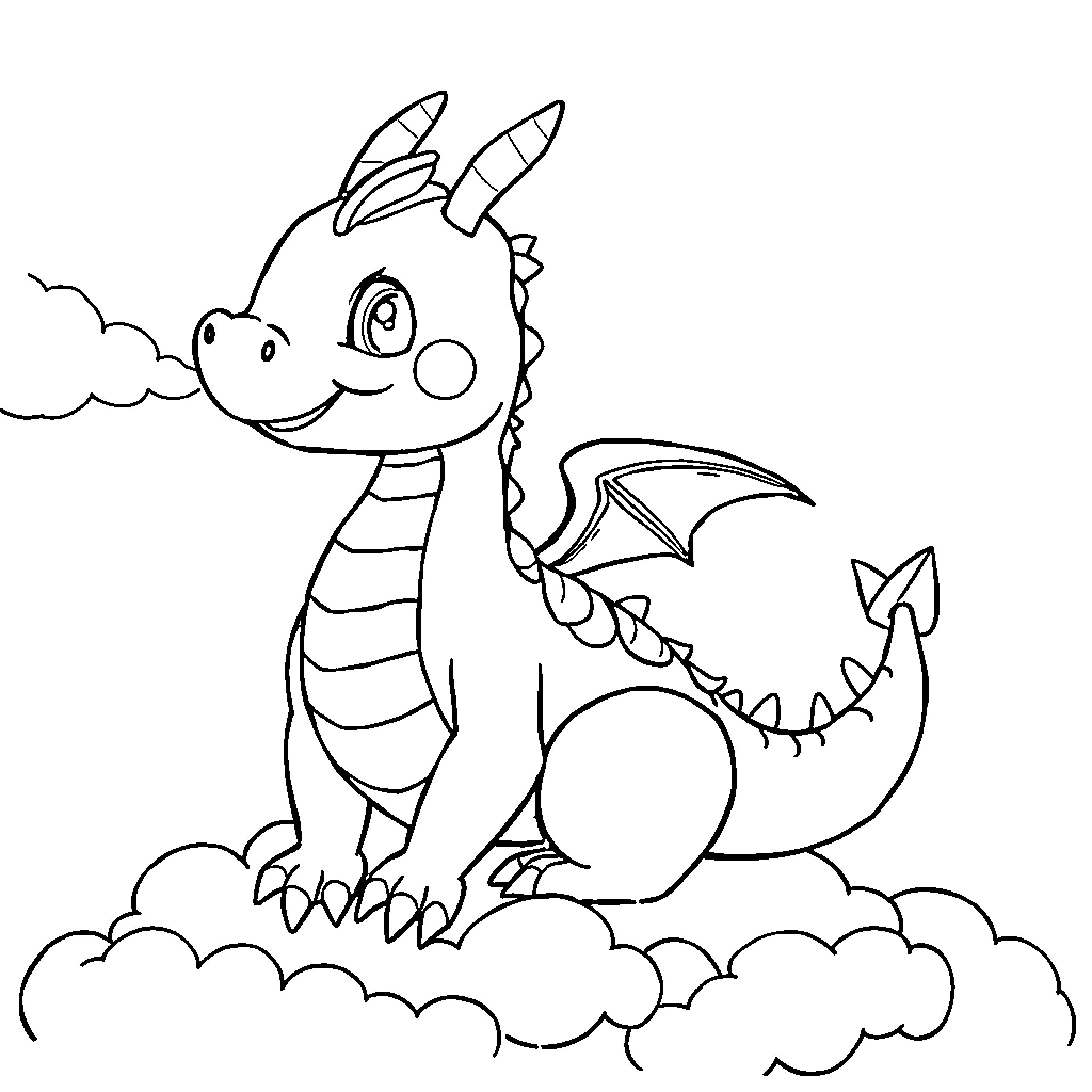Dragon playfully soaring through the clouds Coloring Page (free black-and-white line drawing printable PDF for all, from beginners to advanced learners, including children, teens, adults, and seniors)