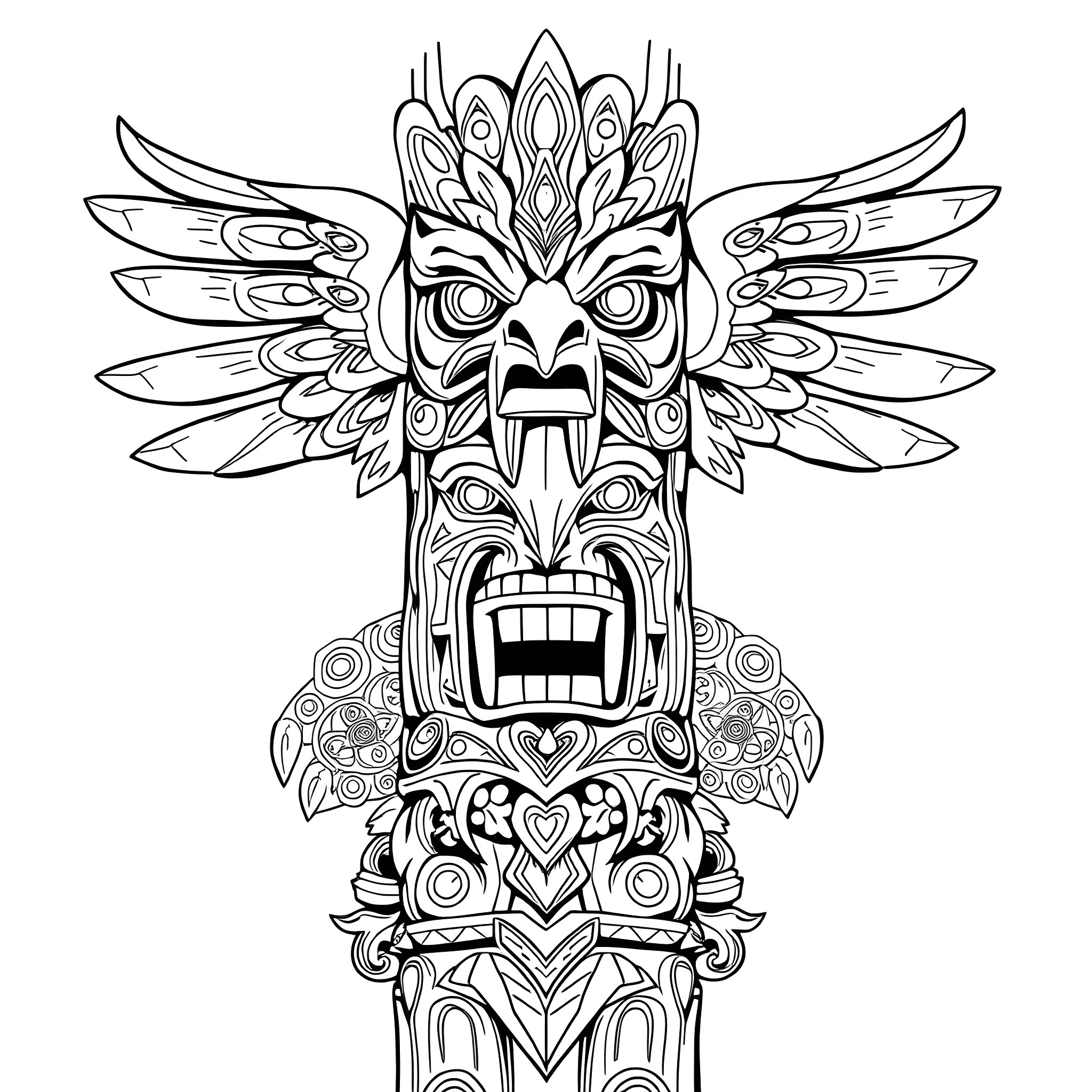 Wendigo - Intricate Tribal Mask with Fearsome Expression Coloring Page (free black-and-white line drawing printable PDF for all, from beginners to advanced learners, including children, teens, adults, and seniors)