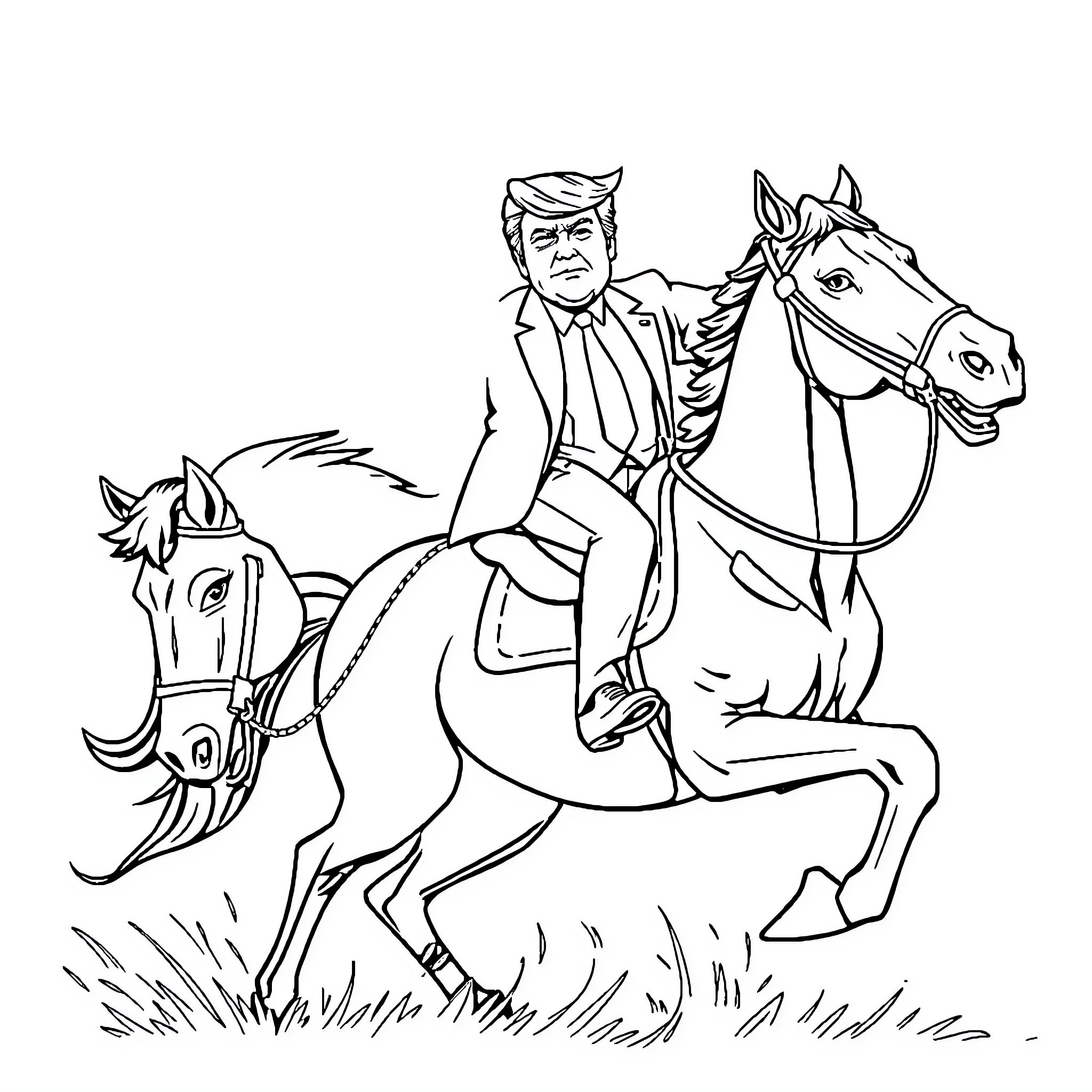 Donald Trump riding a horse through a field Coloring Page (free black-and-white line drawing printable PDF for all, from beginners to advanced learners, including children, teens, adults, and seniors)