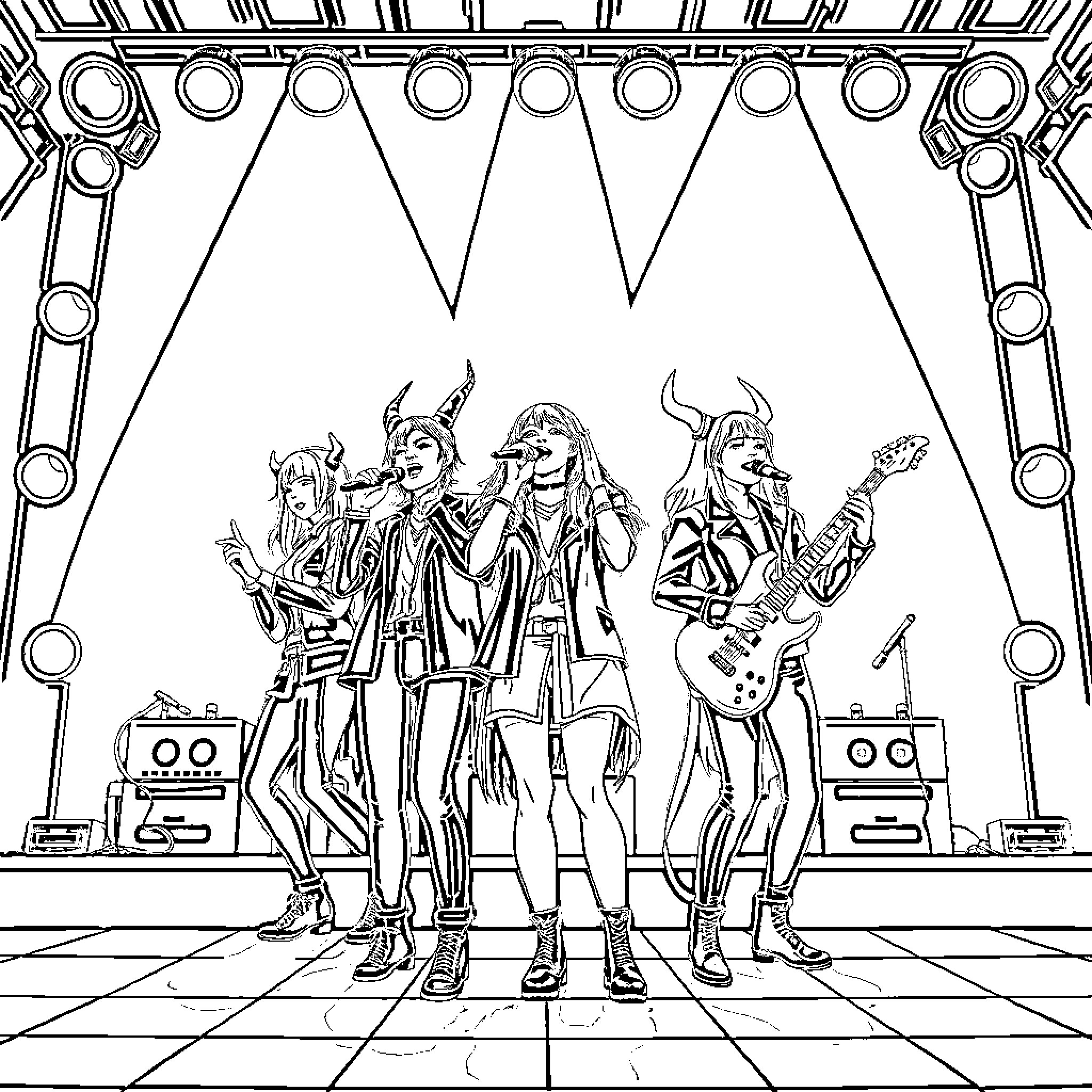 Demon Hunters rocking out on stage Coloring Page (free black-and-white line drawing printable PDF for all, from beginners to advanced learners, including children, teens, adults, and seniors)