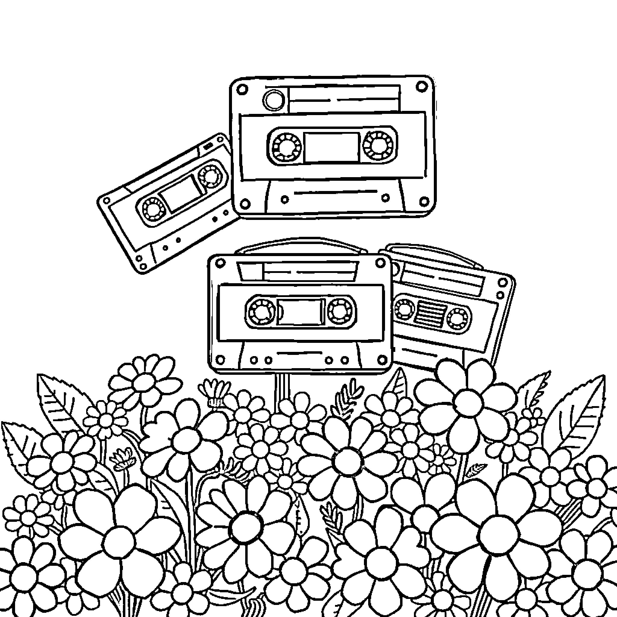 Cassette tapes surrounded by flowers in nature Coloring Page (free black-and-white line drawing printable PDF for all, from beginners to advanced learners, including children, teens, adults, and seniors)