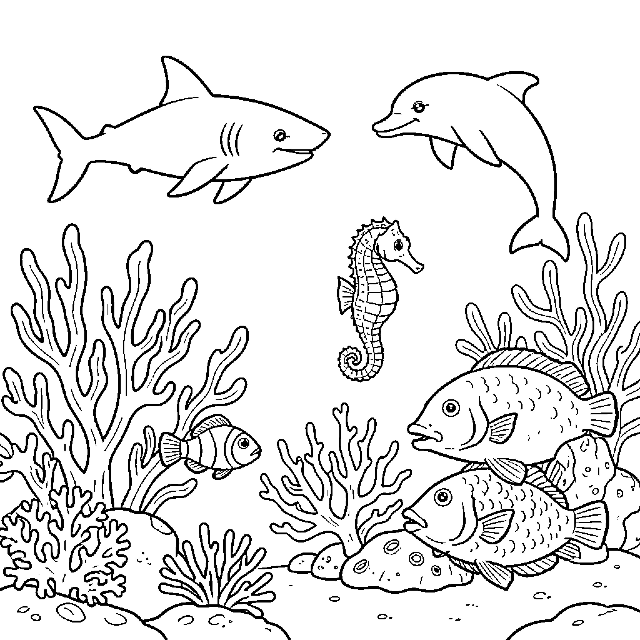 Fish and sea creatures swimming among coral reefs Coloring Page (free black-and-white line drawing printable PDF for all, from beginners to advanced learners, including children, teens, adults, and seniors)