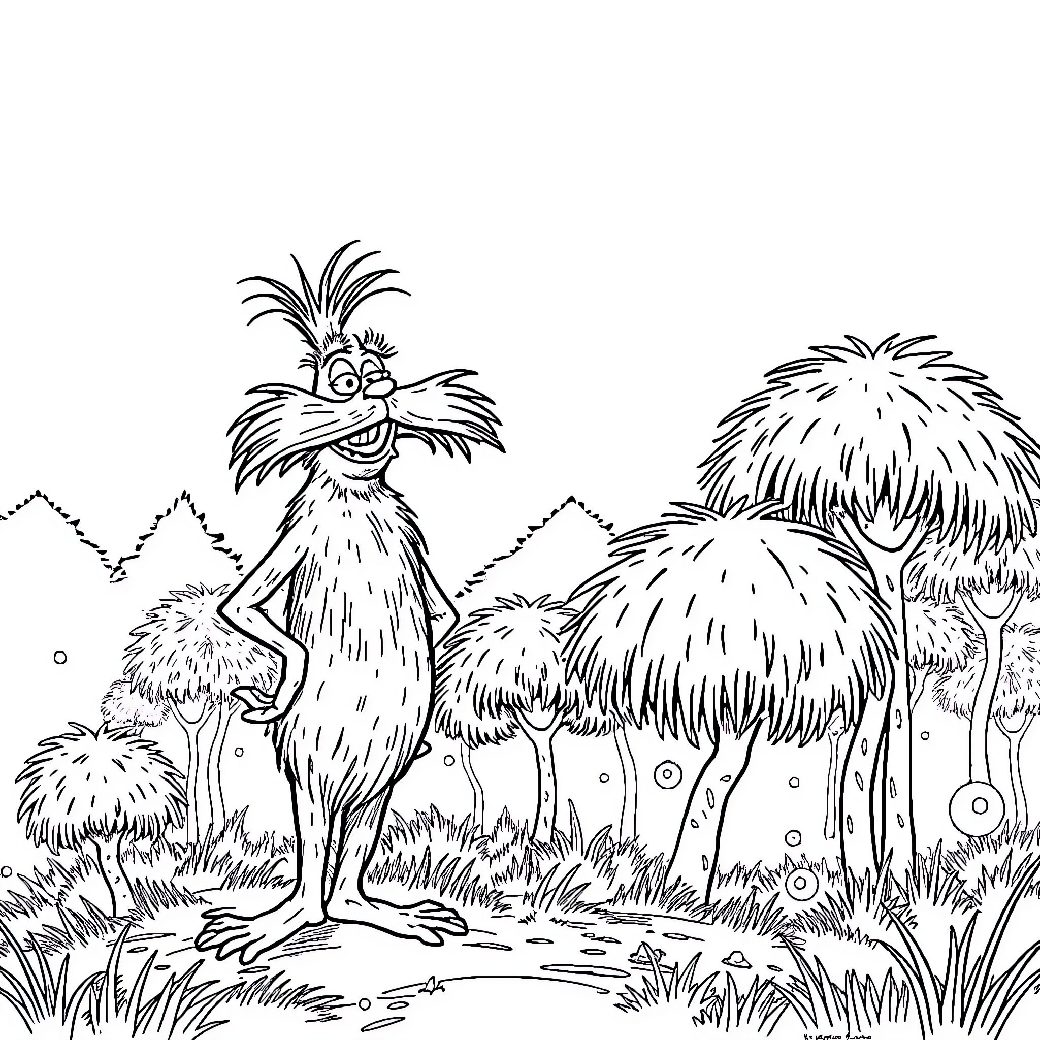 Onceler and his peculiar furry companions in a whimsical landscape Coloring Page (free black-and-white line drawing printable PDF for all, from beginners to advanced learners, including children, teens, adults, and seniors)