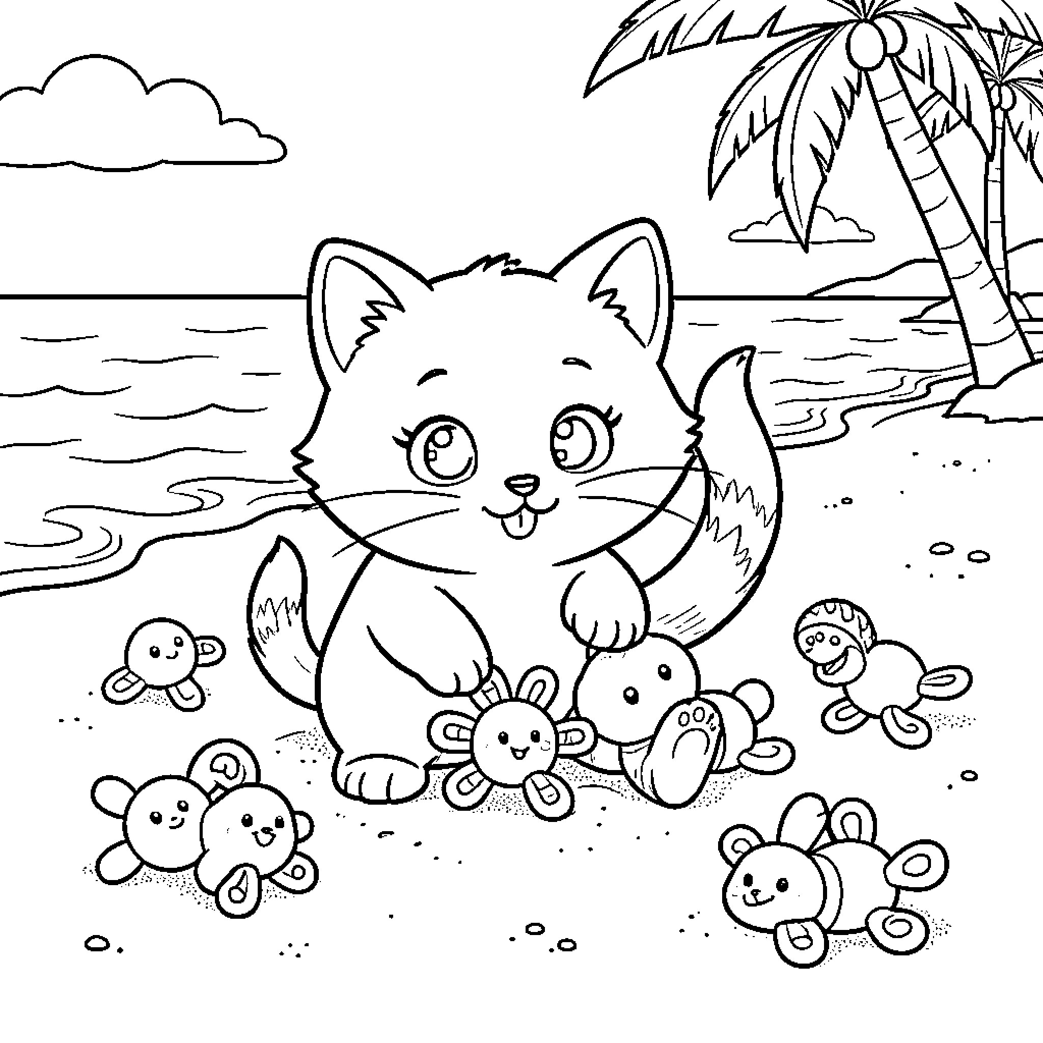 Chat with Cute Animals on the Beach Coloring Page (free black-and-white line drawing printable PDF for all, from beginners to advanced learners, including children, teens, adults, and seniors)