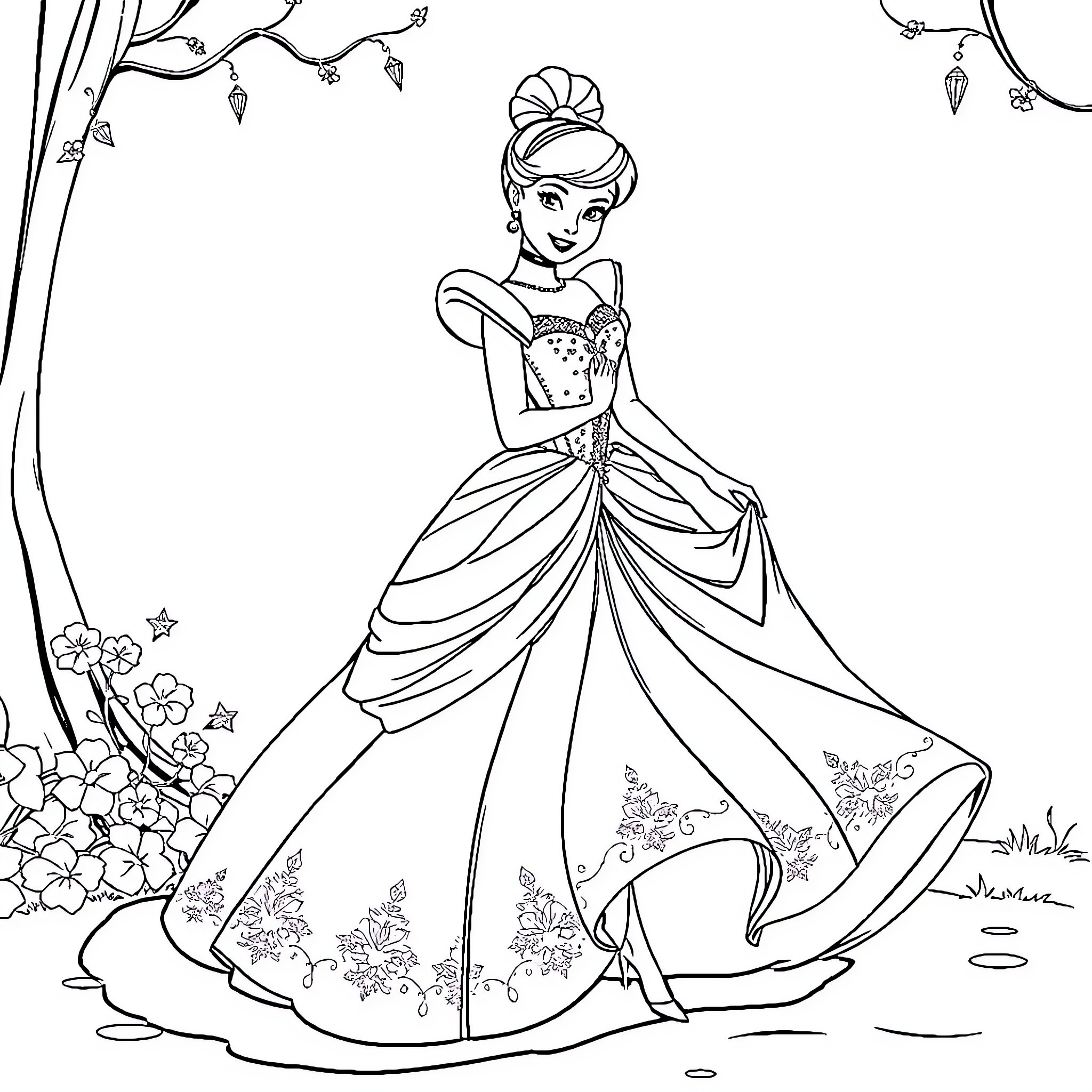 Cinderella in an elegant gown at the palace garden Coloring Page (free black-and-white line drawing printable PDF for all, from beginners to advanced learners, including children, teens, adults, and seniors)