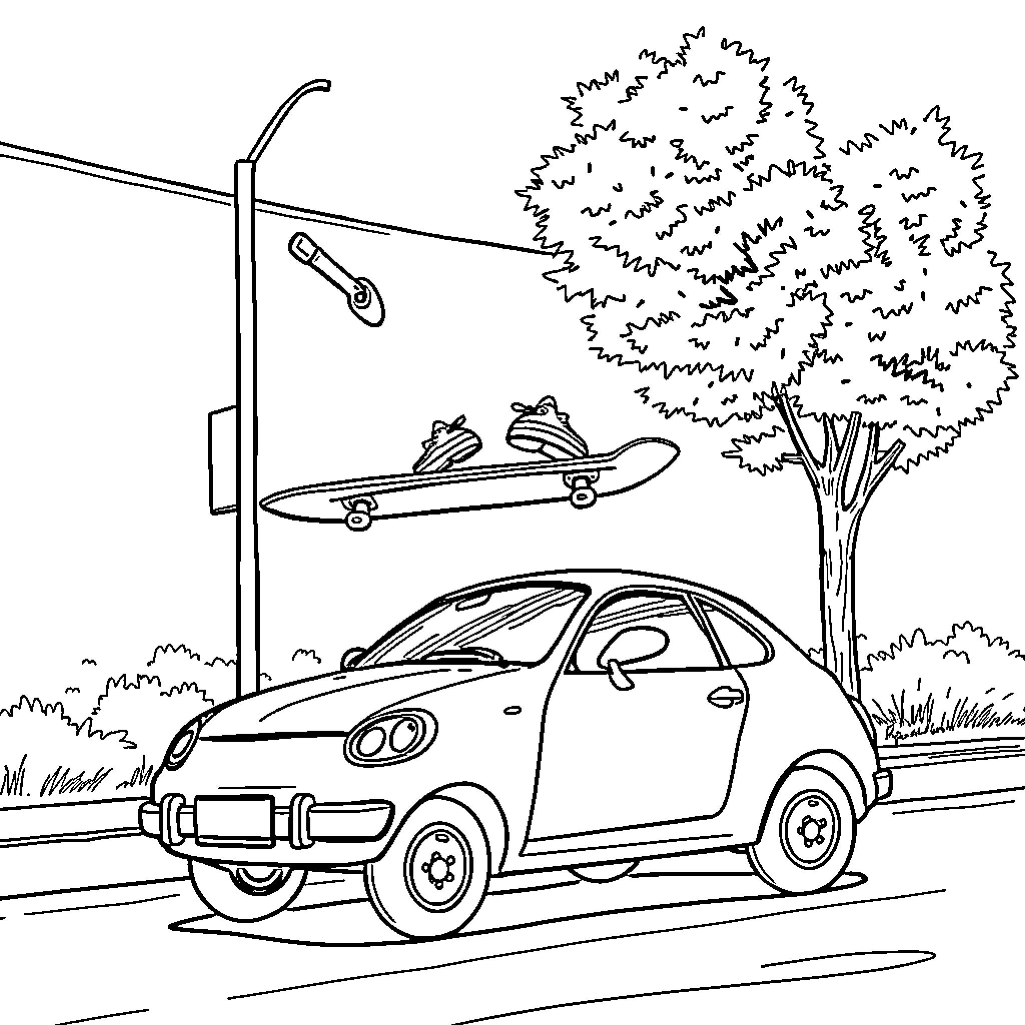 Fingerboard scene with car and skateboard Coloring Page (free black-and-white line drawing printable PDF for all, from beginners to advanced learners, including children, teens, adults, and seniors)