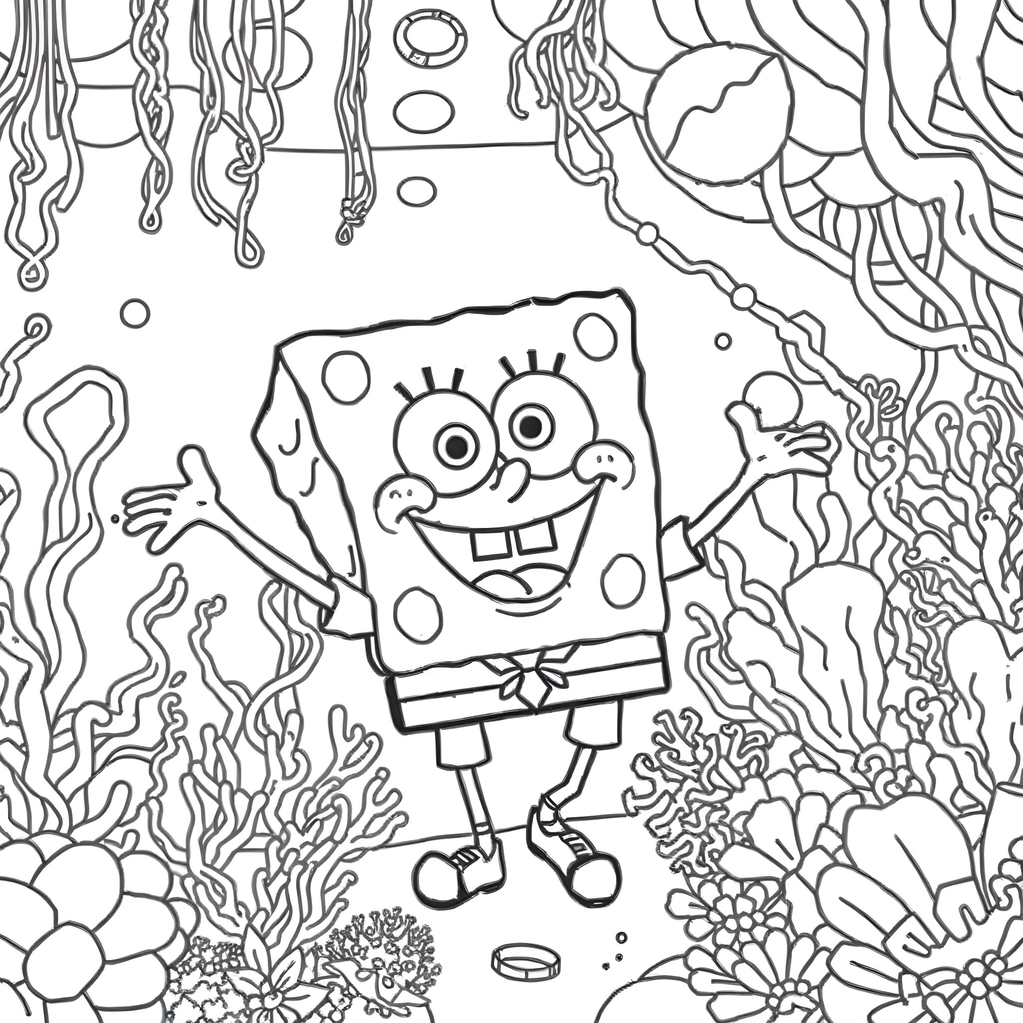 Spongebob enjoying the underwater ocean scene Coloring Page (free black-and-white line drawing printable PDF for all, from beginners to advanced learners, including children, teens, adults, and seniors)