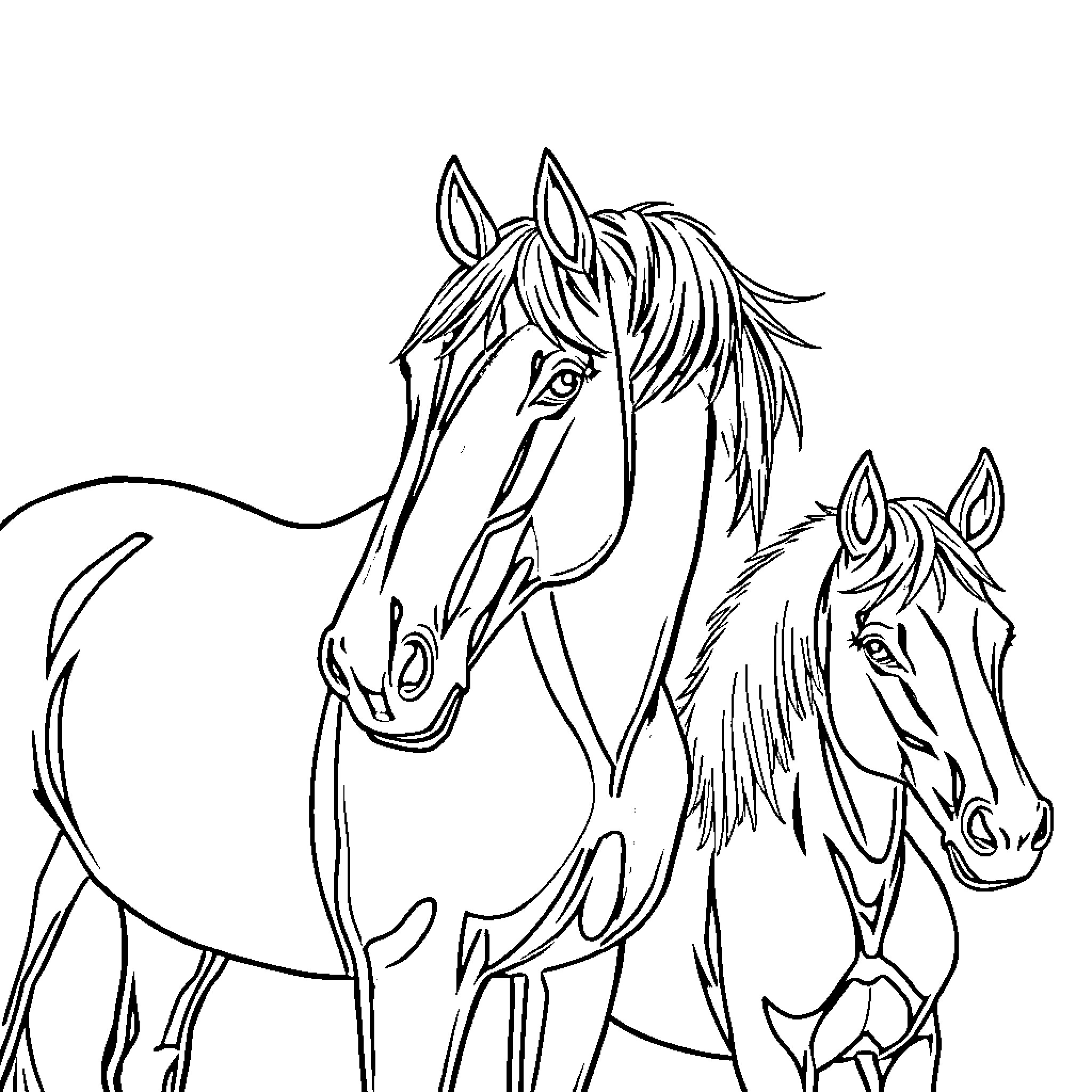 Horse companions standing together Coloring Page (free black-and-white line drawing printable PDF for all, from beginners to advanced learners, including children, teens, adults, and seniors)