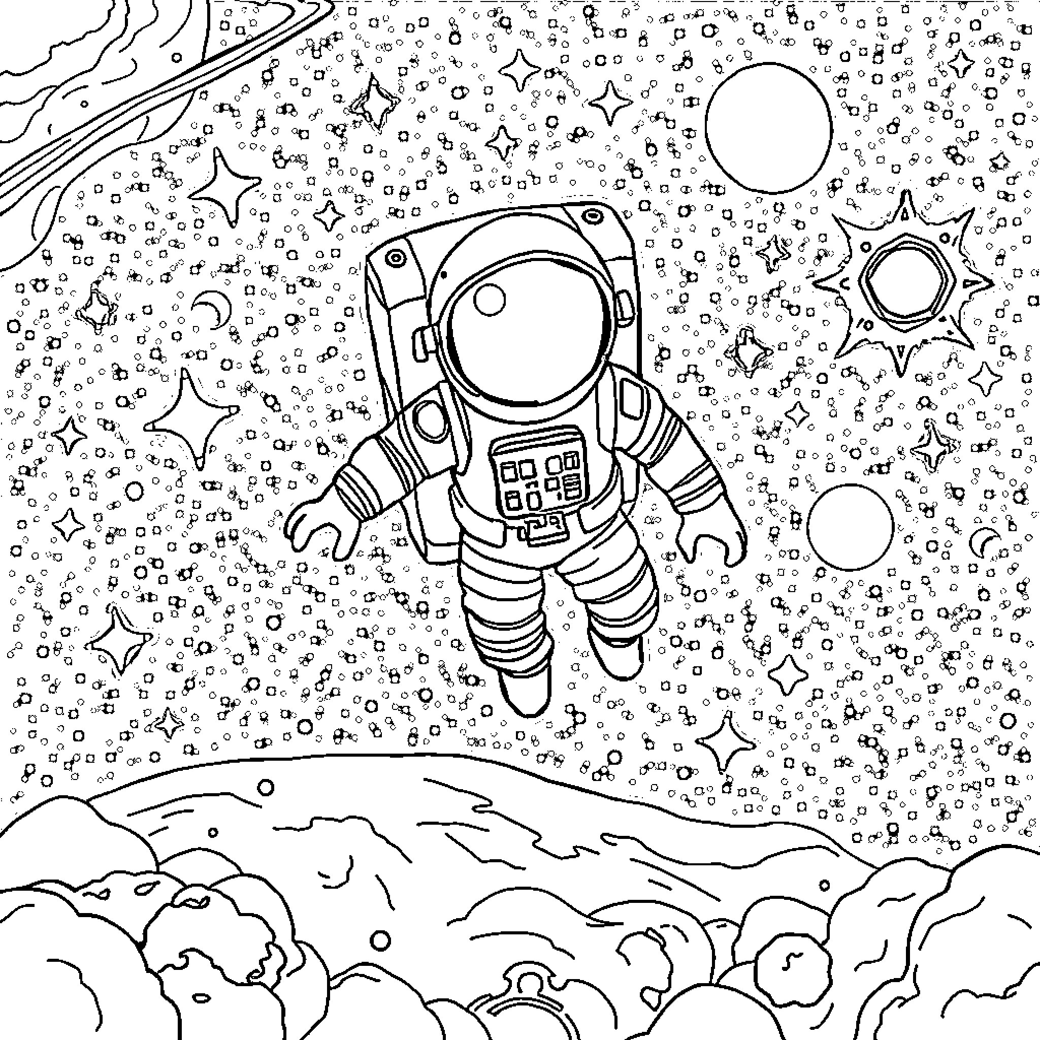 Astronaut floating among the stars in space Coloring Page (free black-and-white line drawing printable PDF for all, from beginners to advanced learners, including children, teens, adults, and seniors)