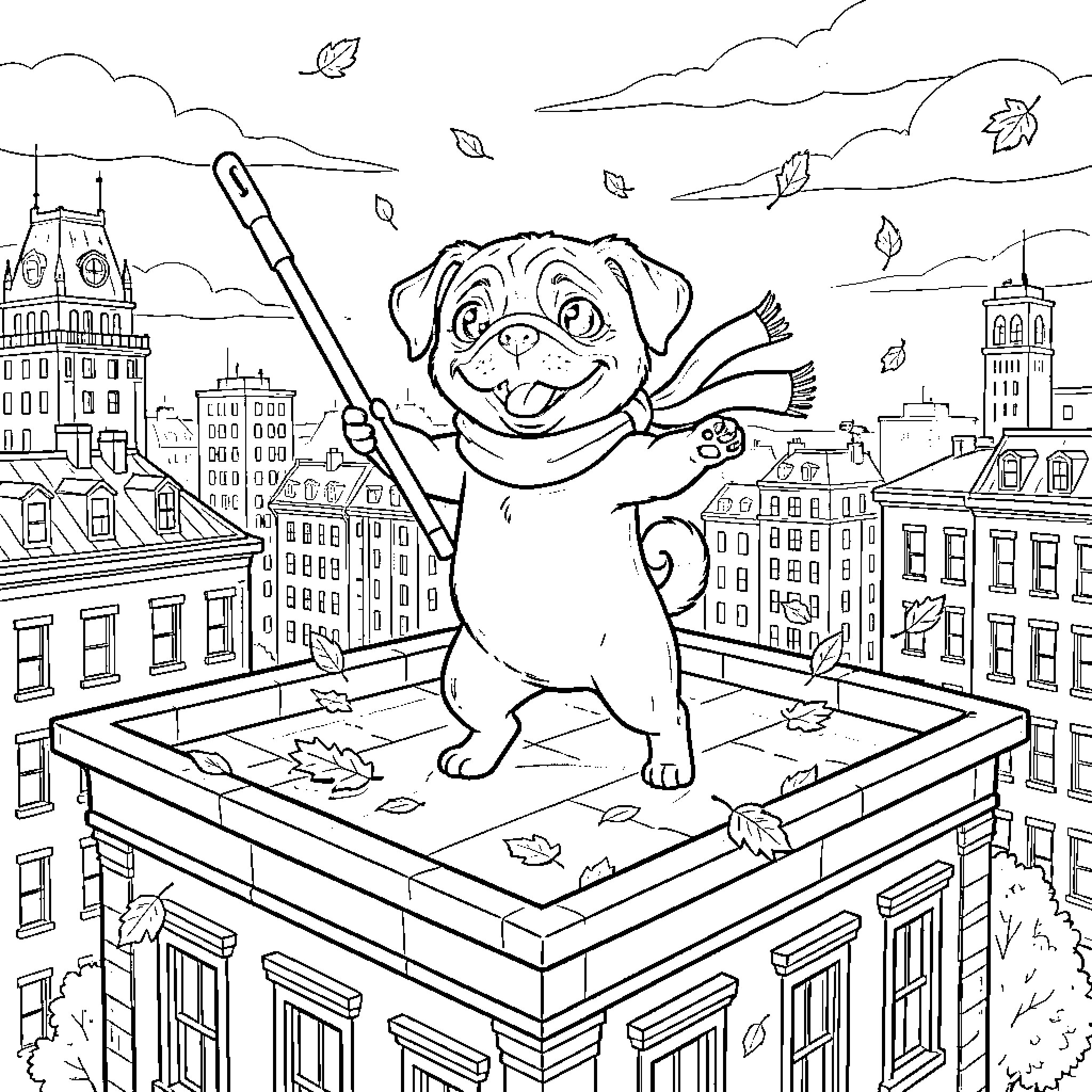 Pug wearing a scarf standing on a rooftop Coloring Page (free black-and-white line drawing printable PDF for all, from beginners to advanced learners, including children, teens, adults, and seniors)