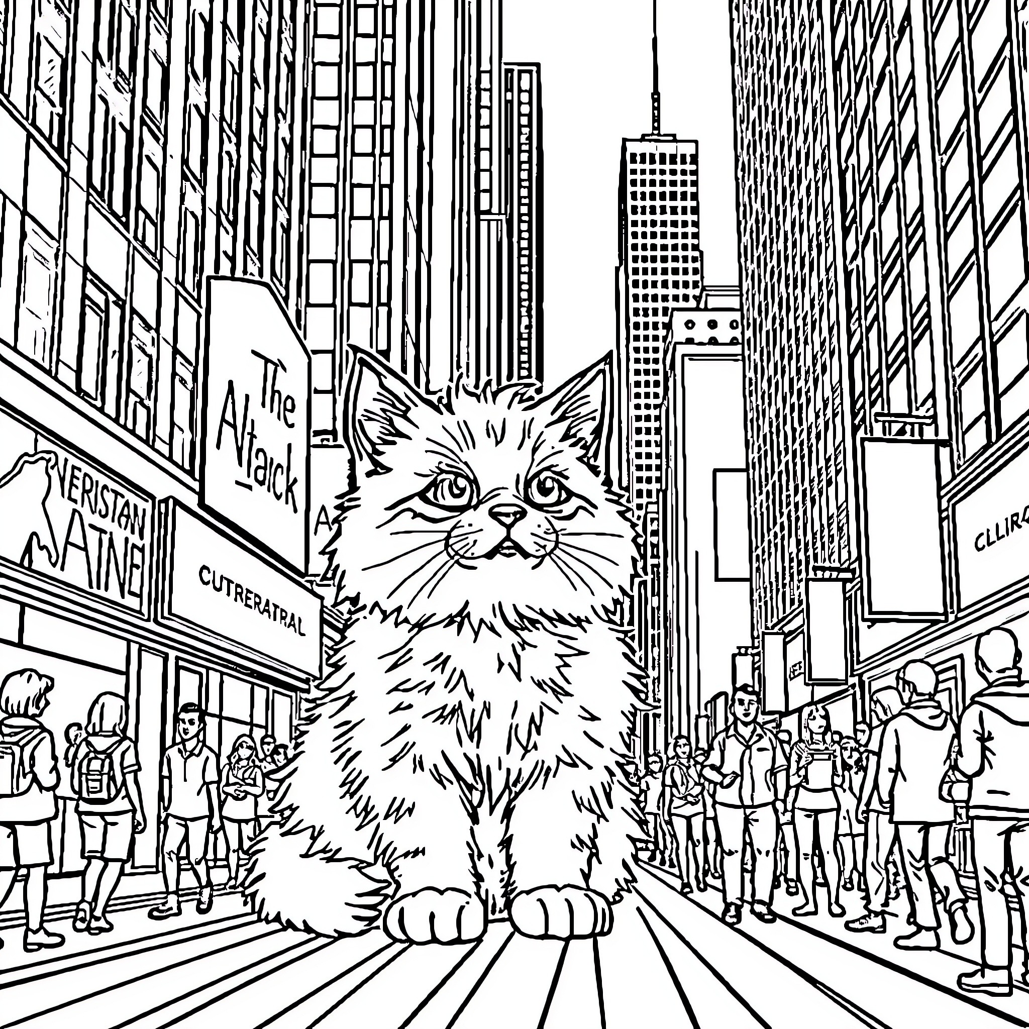 Kitten on the City Streets Coloring Page (free black-and-white line drawing printable PDF for all, from beginners to advanced learners, including children, teens, adults, and seniors)