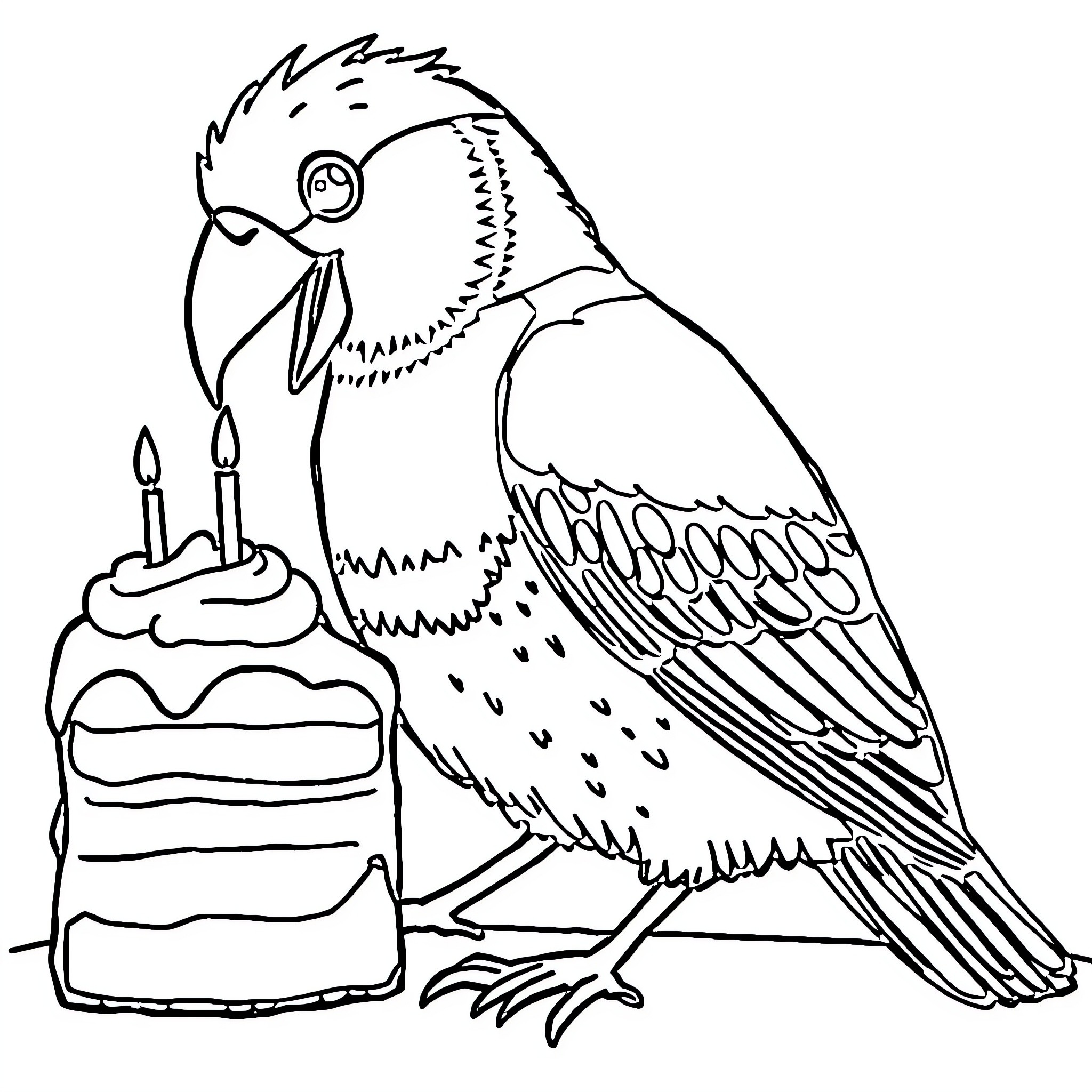 Bird with birthday cake and candle Coloring Page (free black-and-white line drawing printable PDF for all, from beginners to advanced learners, including children, teens, adults, and seniors)