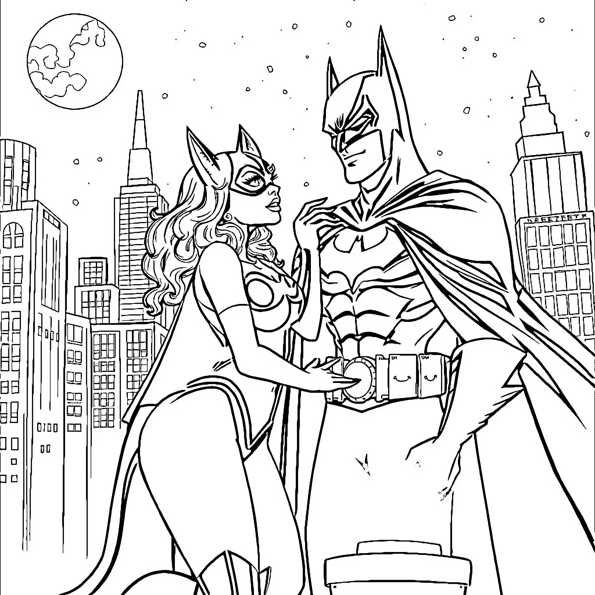 Cat Woman and Batman's Nighttime Adventure in the City Coloring Page (free black-and-white line drawing printable PDF for all, from beginners to advanced learners, including children, teens, adults, and seniors)