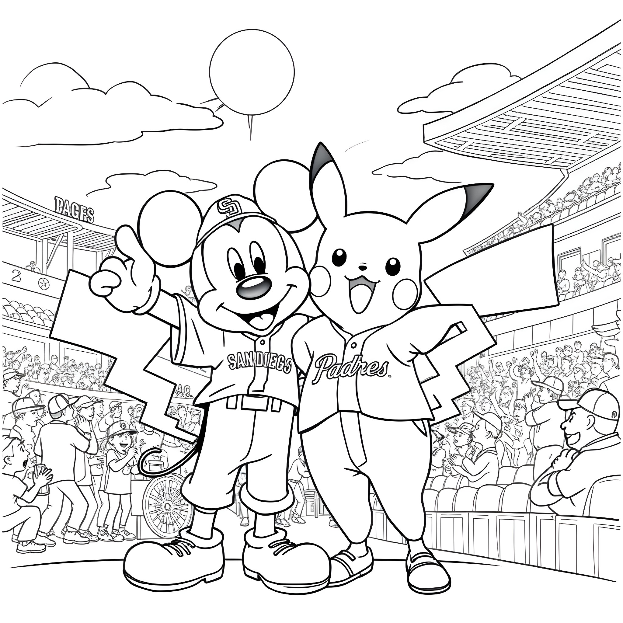 Mickey Mouse and Pikachu Cheering at a Sports Event Coloring Page (free black-and-white line drawing printable PDF for all, from beginners to advanced learners, including children, teens, adults, and seniors)