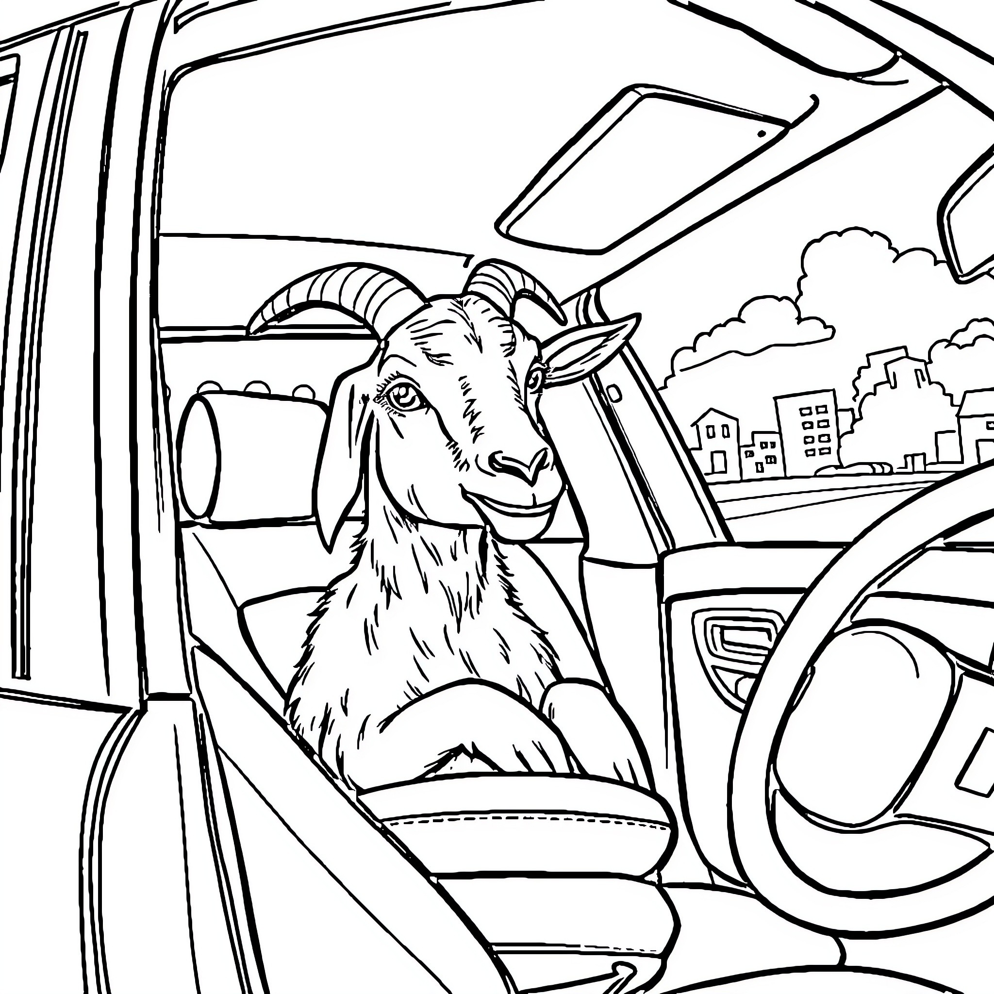 Goat driving a car through the city Coloring Page (free black-and-white line drawing printable PDF for all, from beginners to advanced learners, including children, teens, adults, and seniors)