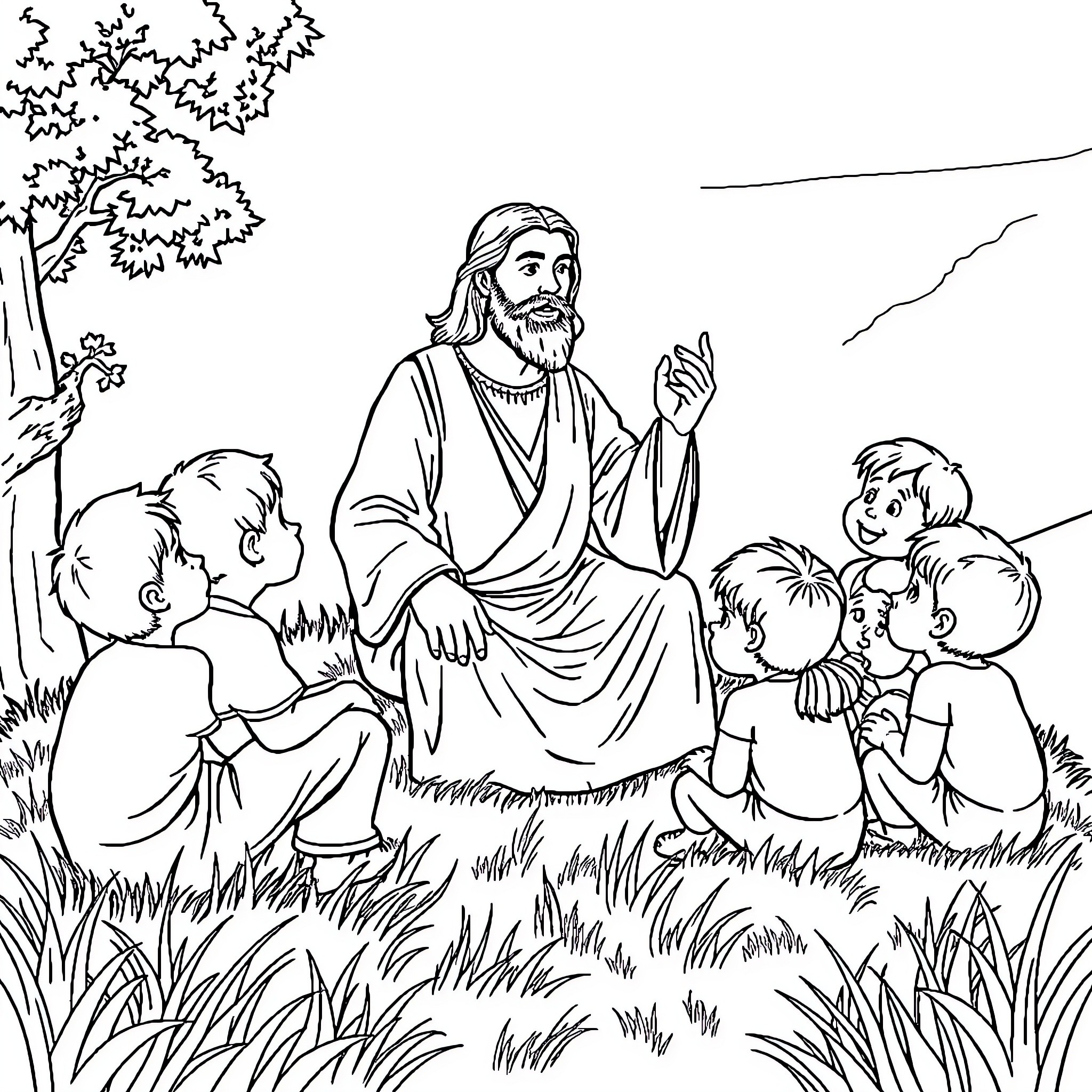Jesus teaching and interacting with children in nature Coloring Page (free black-and-white line drawing printable PDF for all, from beginners to advanced learners, including children, teens, adults, and seniors)
