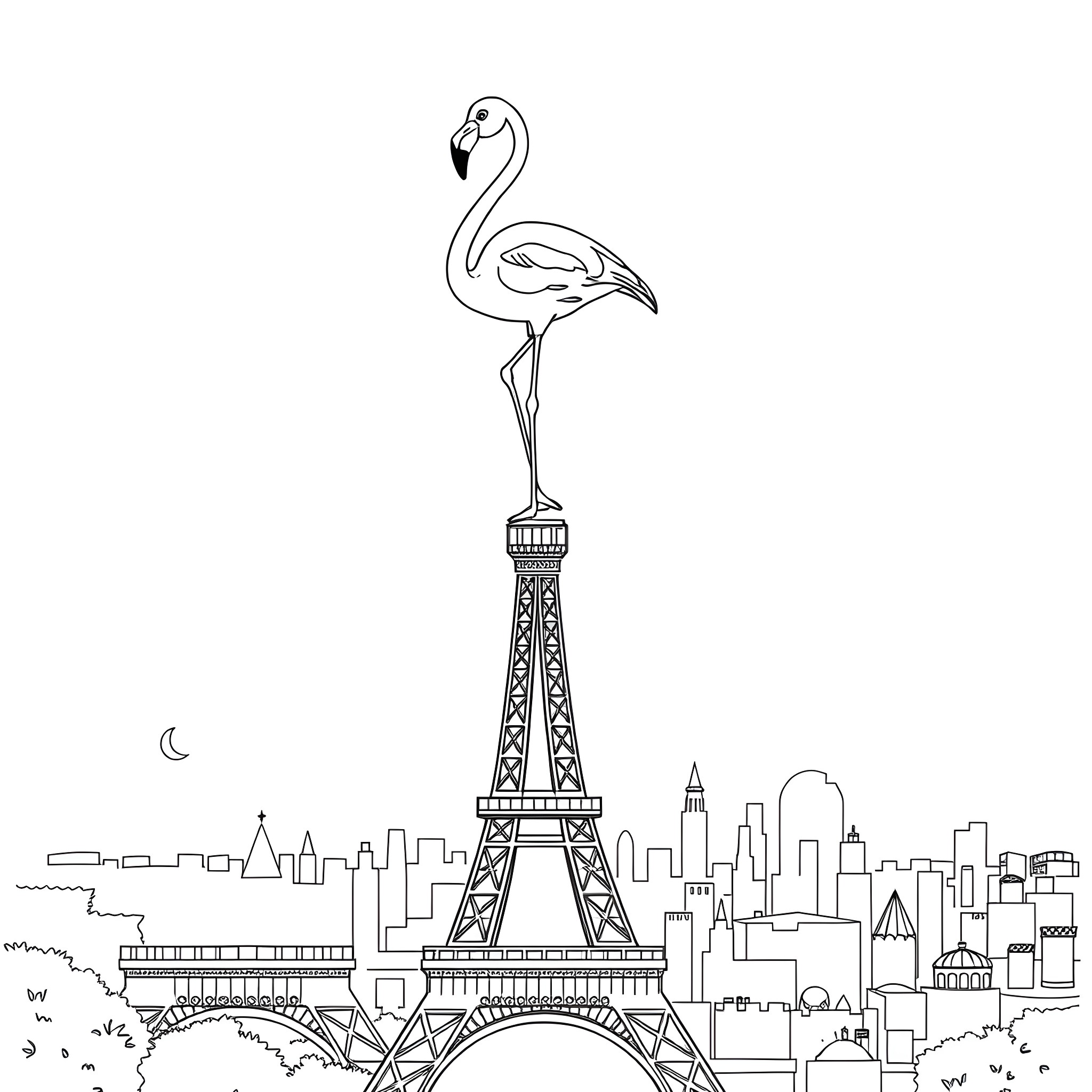 Flamingo standing tall on the Eiffel Tower Coloring Page (free black-and-white line drawing printable PDF for all, from beginners to advanced learners, including children, teens, adults, and seniors)
