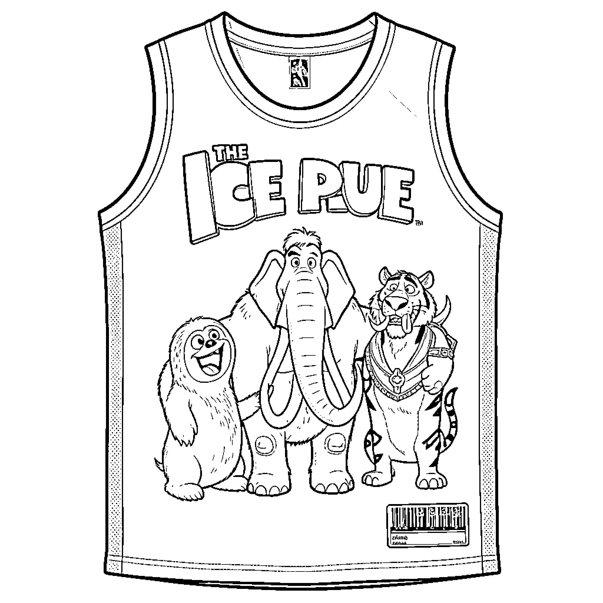 Jersey featuring cartoon animals and text design Coloring Page (free black-and-white line drawing printable PDF for all, from beginners to advanced learners, including children, teens, adults, and seniors)