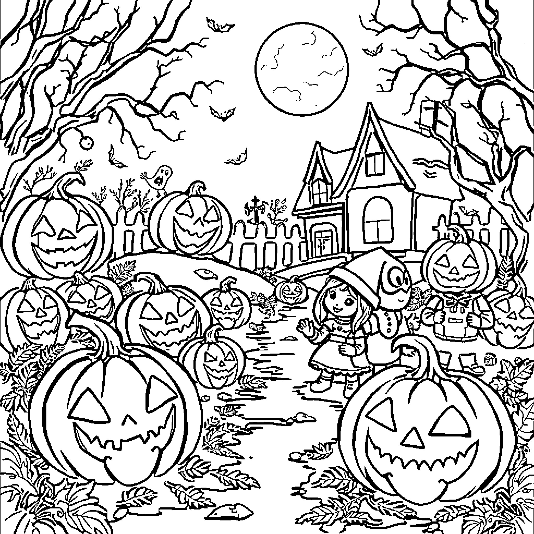 Halloween Night in a Haunted Neighborhood Coloring Page (free black-and-white line drawing printable PDF for all, from beginners to advanced learners, including children, teens, adults, and seniors)