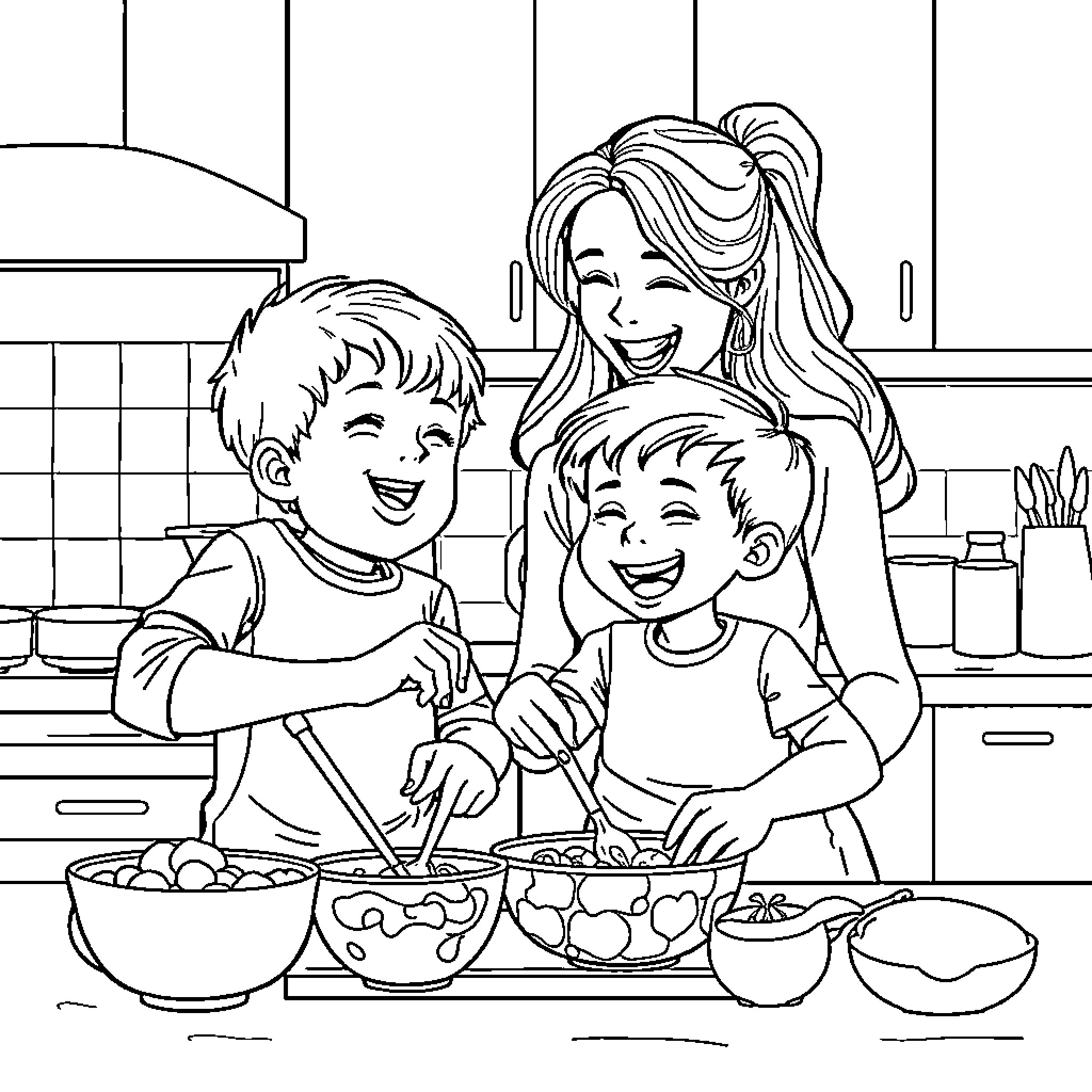 Boy and siblings cooking together in the kitchen Coloring Page (free black-and-white line drawing printable PDF for all, from beginners to advanced learners, including children, teens, adults, and seniors)