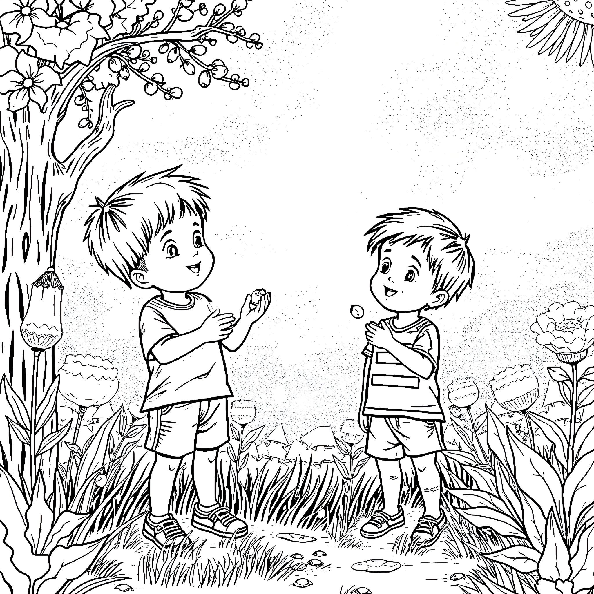 Boys playing joyfully in the garden Coloring Page (free black-and-white line drawing printable PDF for all, from beginners to advanced learners, including children, teens, adults, and seniors)