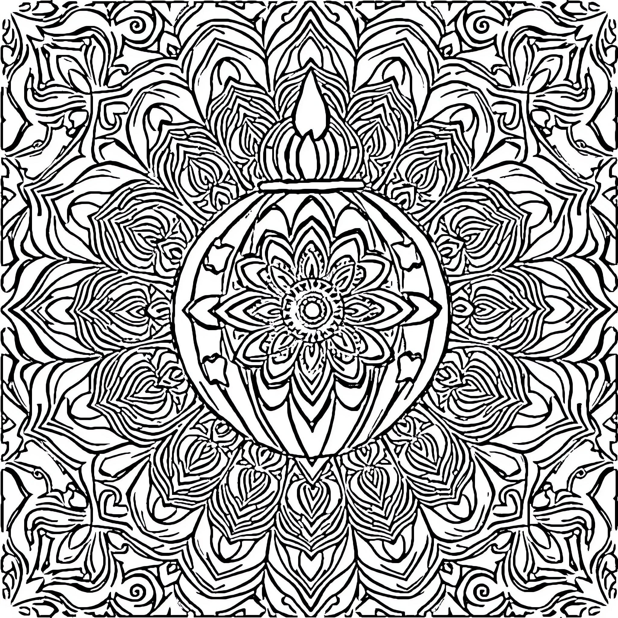 Labubu's Intricate Floral Pattern Coloring Page (free black-and-white line drawing printable PDF for all, from beginners to advanced learners, including children, teens, adults, and seniors)