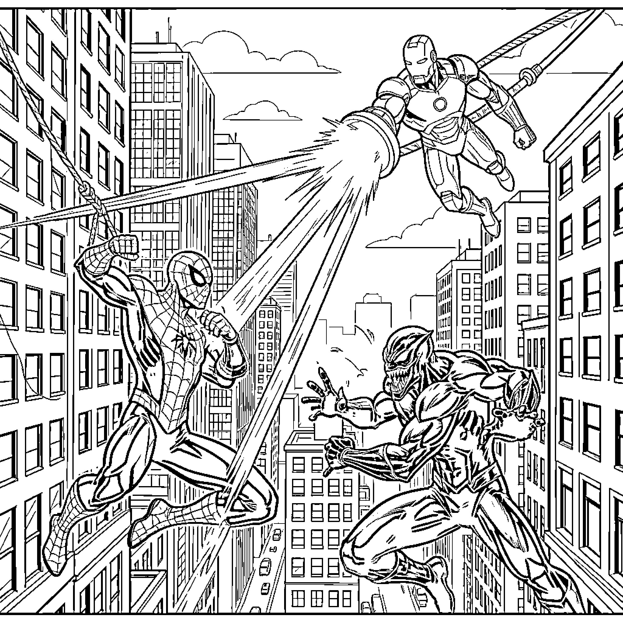 Spider-Man swinging in action against supervillains Coloring Page (free black-and-white line drawing printable PDF for all, from beginners to advanced learners, including children, teens, adults, and seniors)
