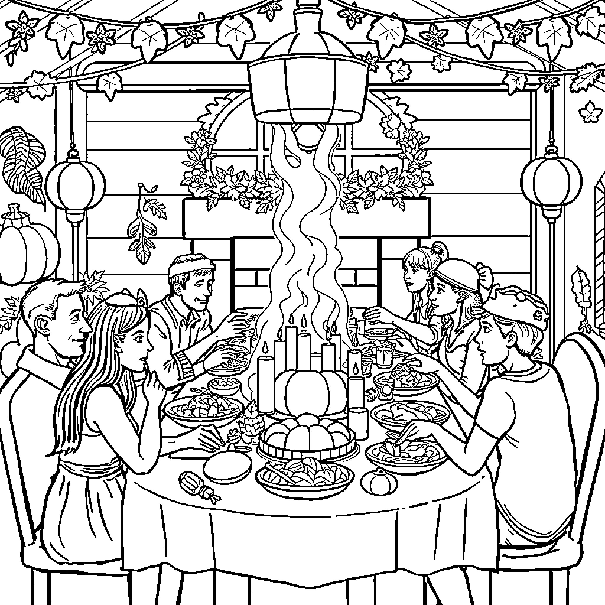 Thanksgiving Gathering Around the Festive Table Coloring Page (free black-and-white line drawing printable PDF for all, from beginners to advanced learners, including children, teens, adults, and seniors)