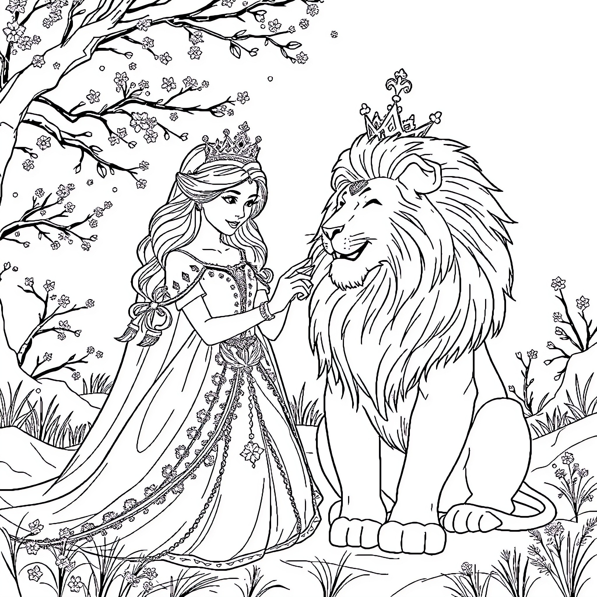 Queen and the Majestic Lion in the Enchanted Forest Coloring Page (free black-and-white line drawing printable PDF for all, from beginners to advanced learners, including children, teens, adults, and seniors)