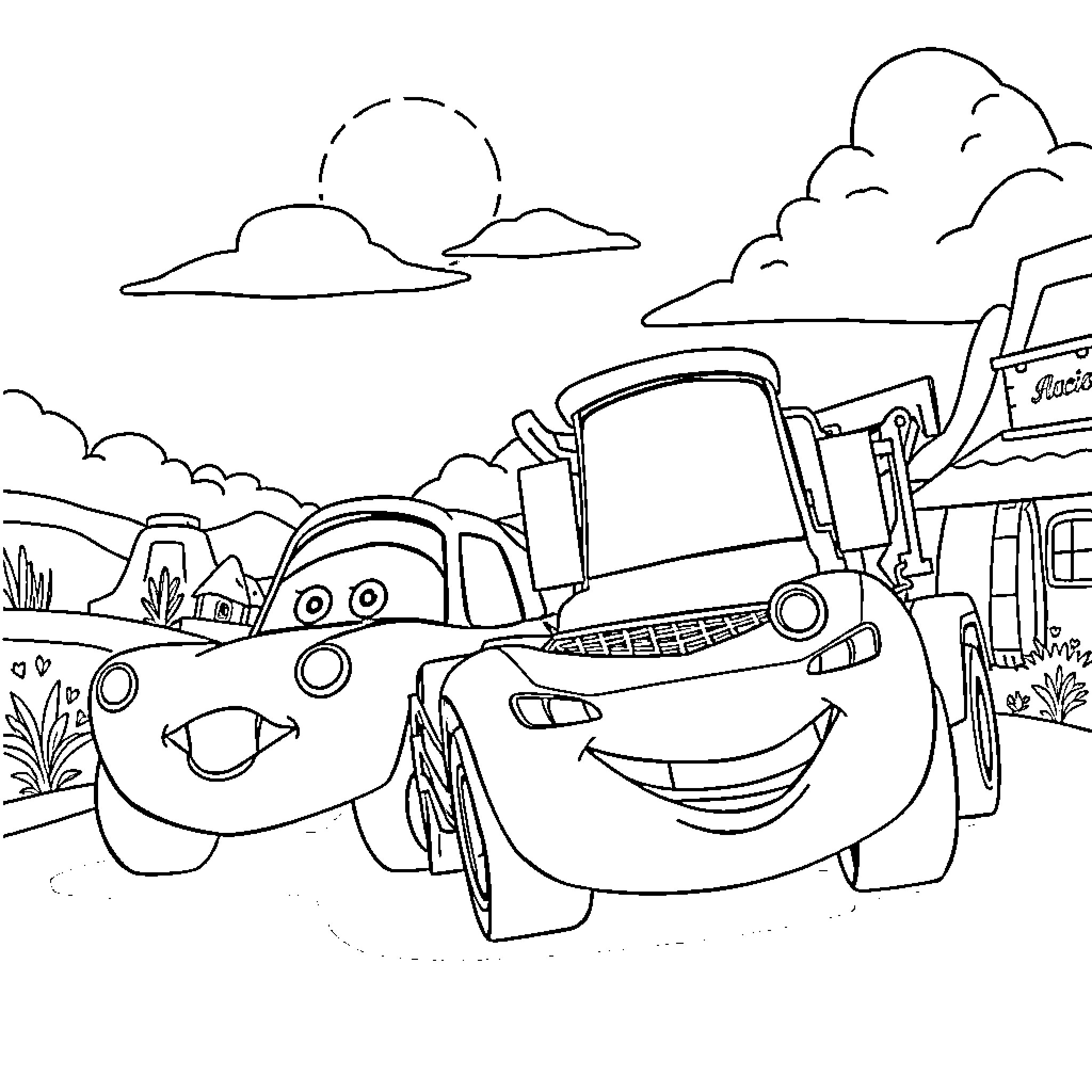 Lightning McQueen in a vibrant cartoon landscape Coloring Page (free black-and-white line drawing printable PDF for all, from beginners to advanced learners, including children, teens, adults, and seniors)