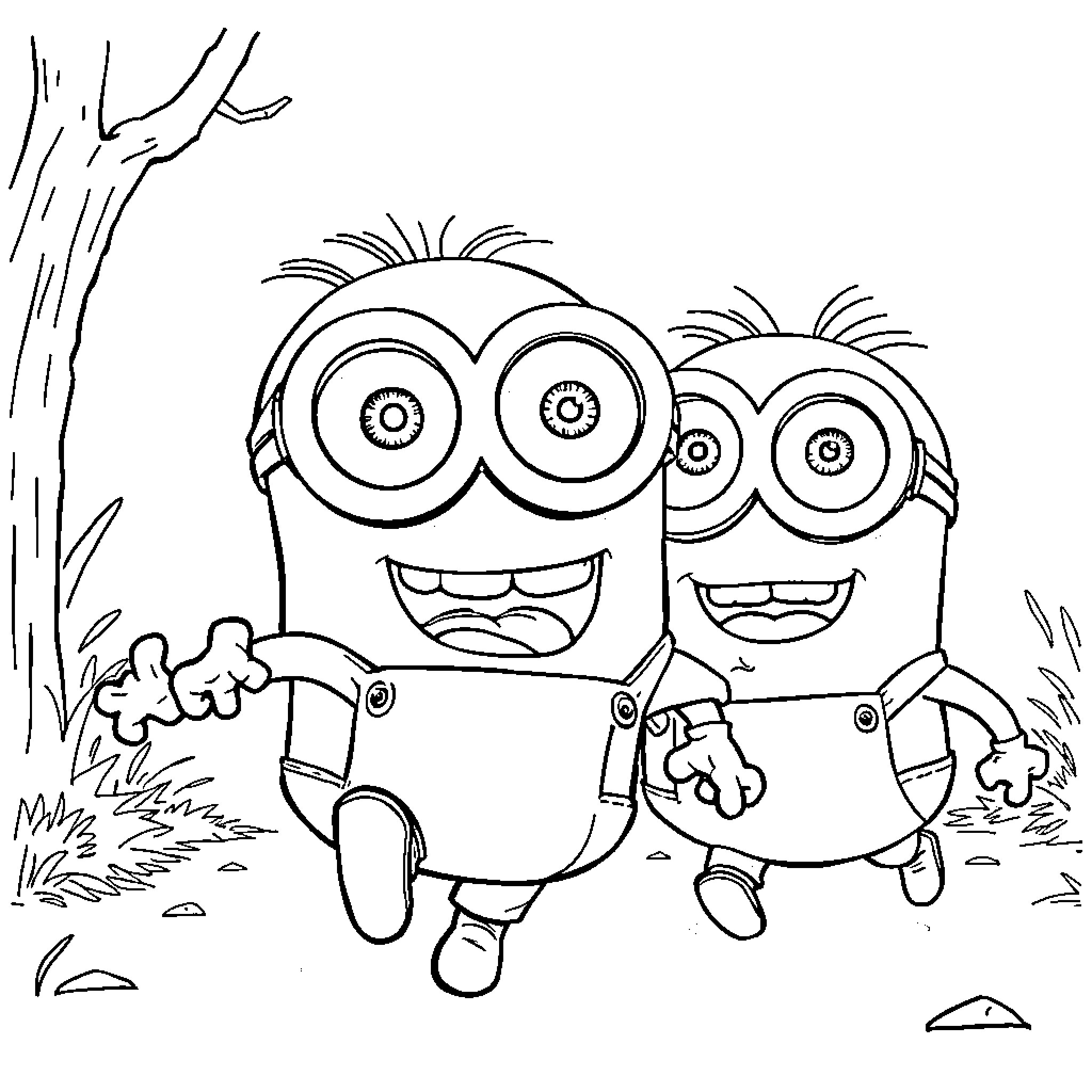 Minions exploring the outdoors happily Coloring Page (free black-and-white line drawing printable PDF for all, from beginners to advanced learners, including children, teens, adults, and seniors)