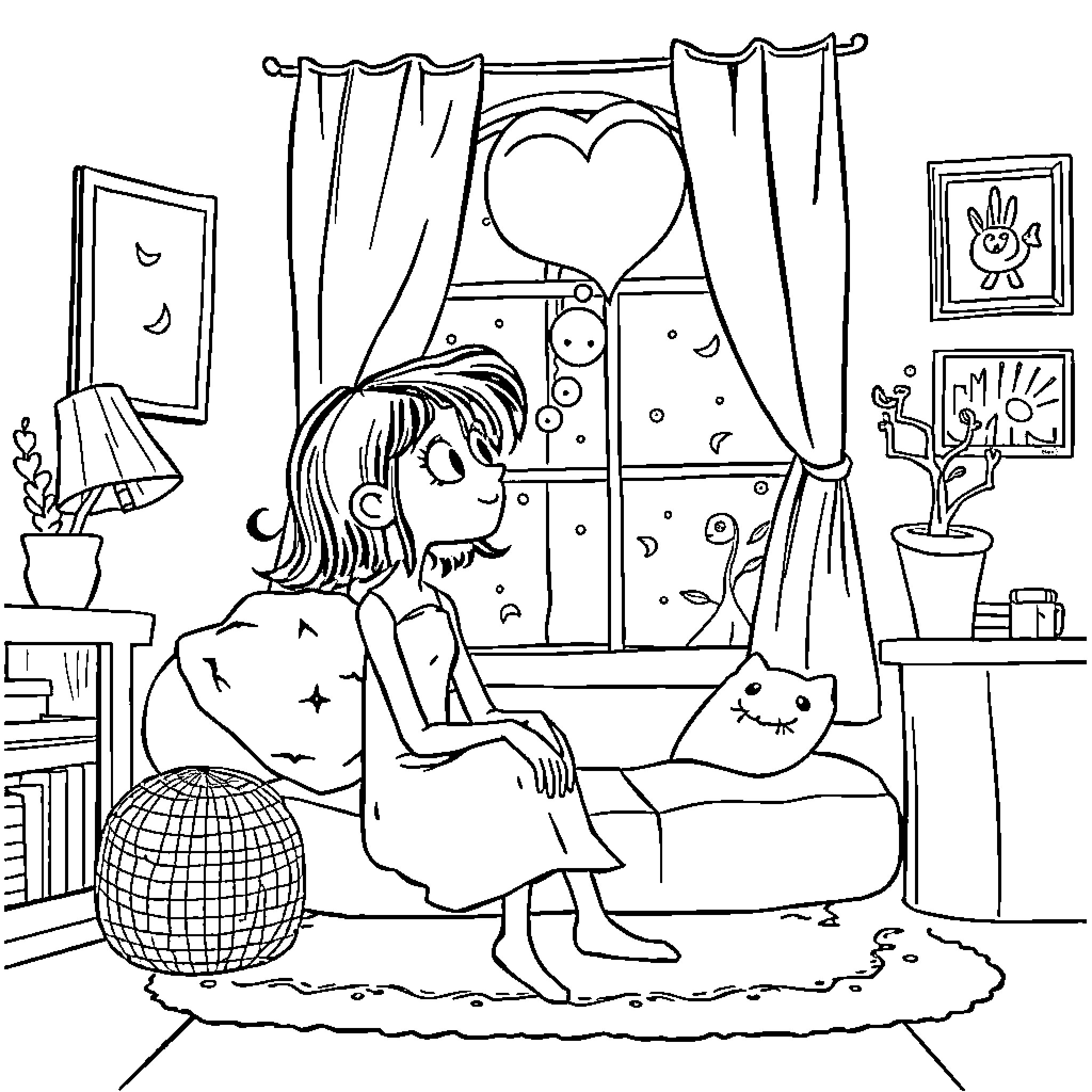 Coraline's Whimsical Night-Time Adventure Coloring Page (free black-and-white line drawing printable PDF for all, from beginners to advanced learners, including children, teens, adults, and seniors)