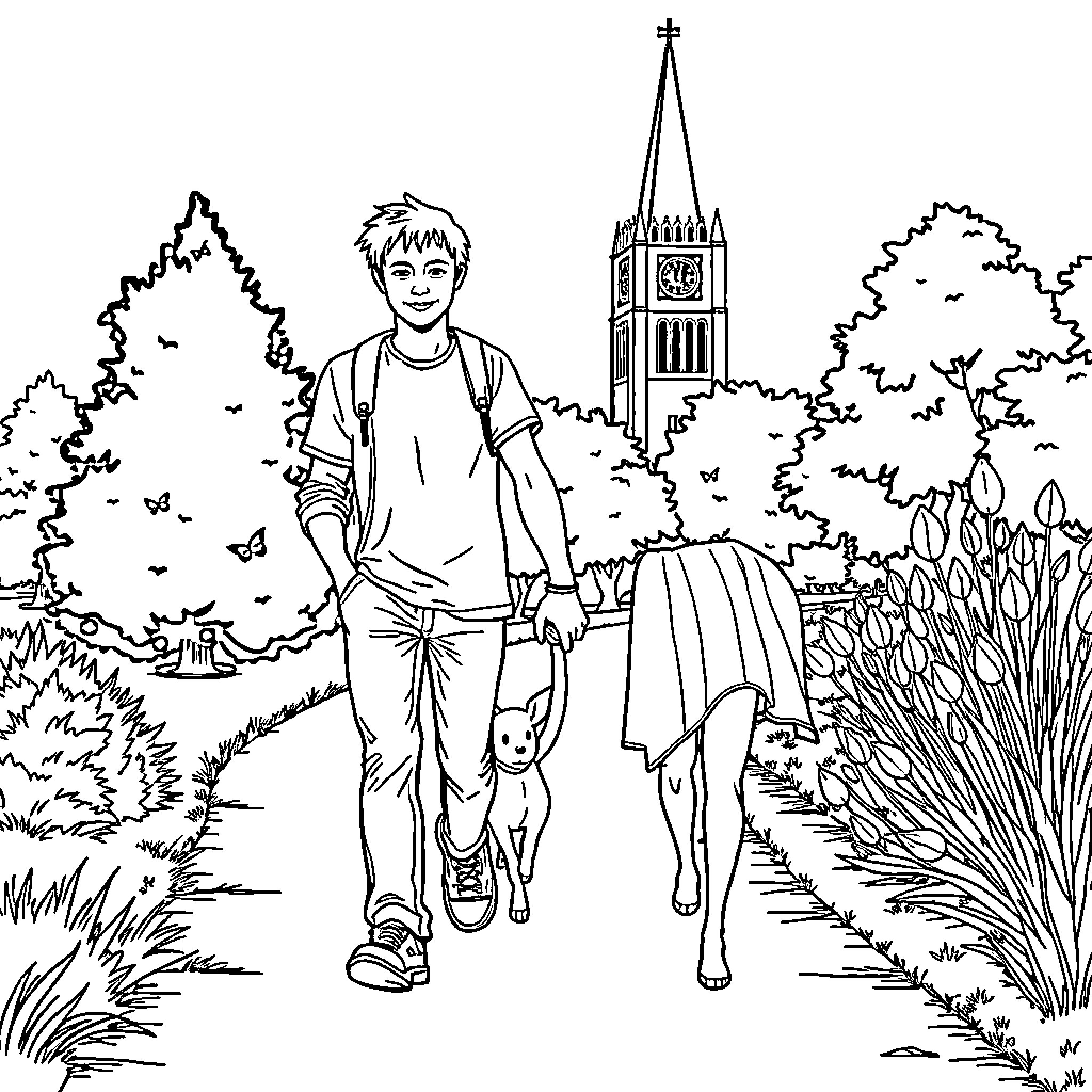 Boy and Girl Taking a Walk in the Park Coloring Page (free black-and-white line drawing printable PDF for all, from beginners to advanced learners, including children, teens, adults, and seniors)