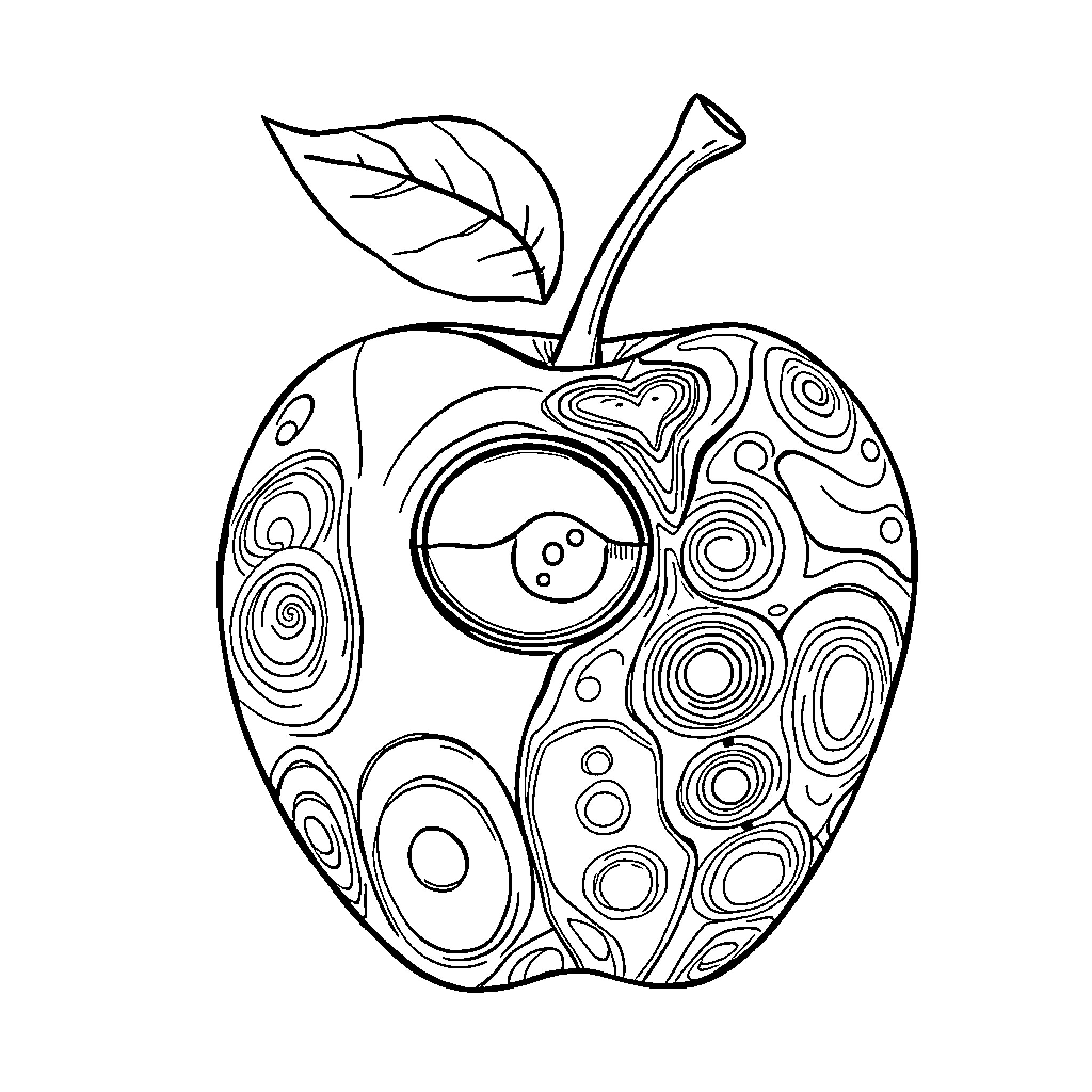 Alien apple with intricate patterns Coloring Page (free black-and-white line drawing printable PDF for all, from beginners to advanced learners, including children, teens, adults, and seniors)
