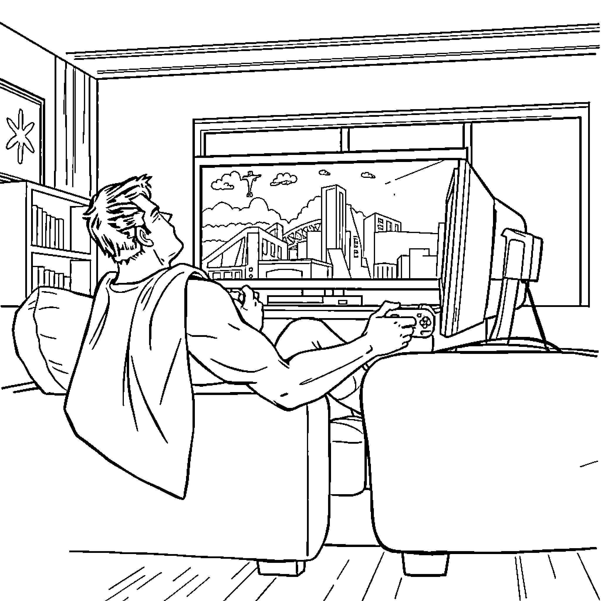 Superman observes the city from his computer Coloring Page (free black-and-white line drawing printable PDF for all, from beginners to advanced learners, including children, teens, adults, and seniors)