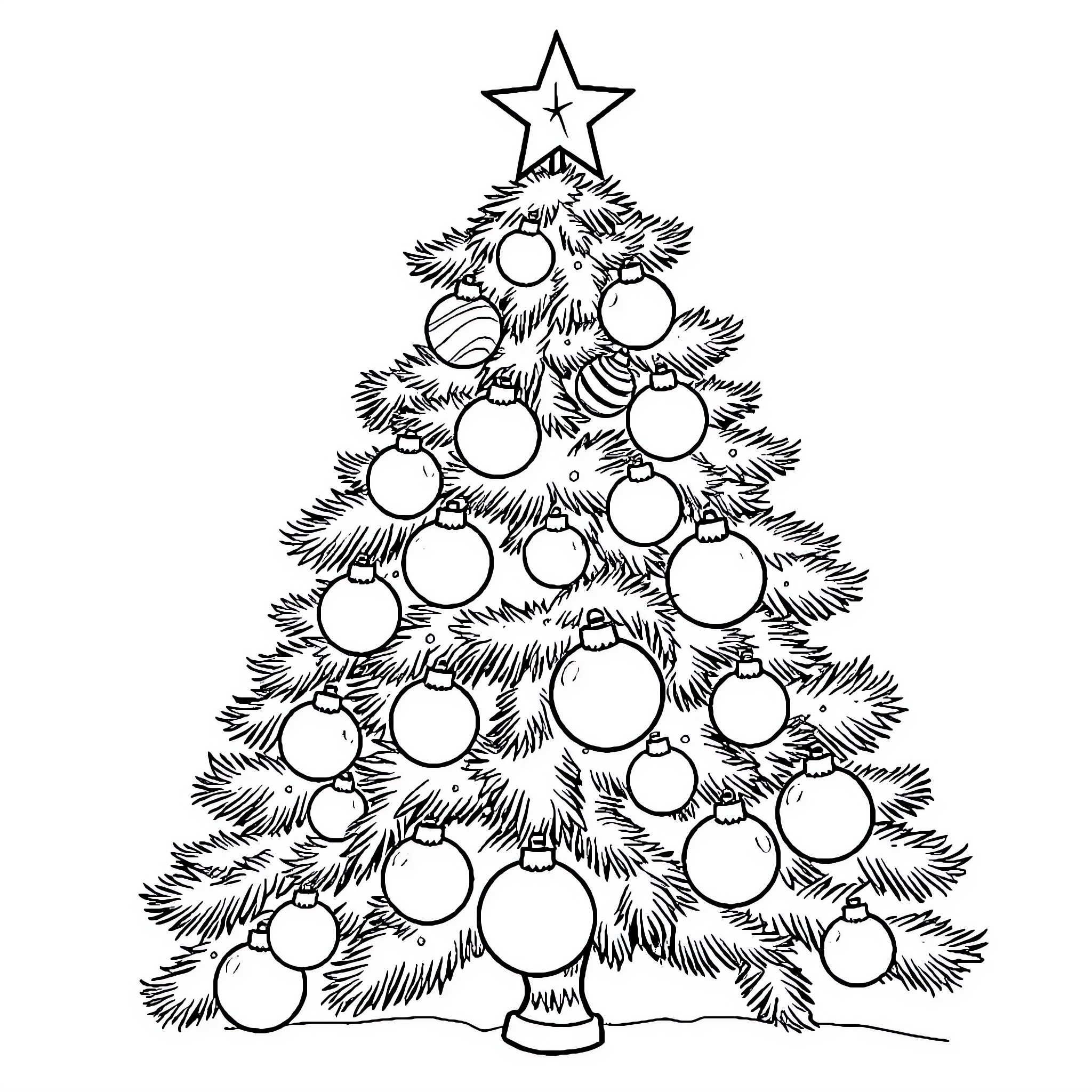 Christmas Tree with Decorated Ornaments Coloring Page (free black-and-white line drawing printable PDF for all, from beginners to advanced learners, including children, teens, adults, and seniors)