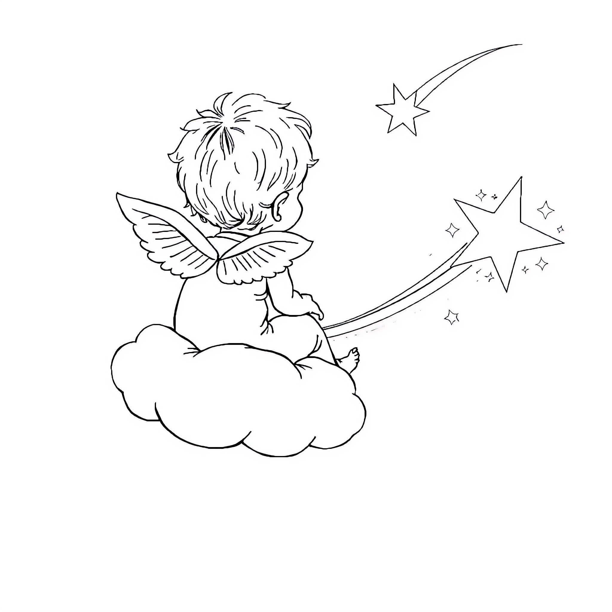 Baby angel playing on cloud with stars Coloring Page (free black-and-white line drawing printable PDF for all, from beginners to advanced learners, including children, teens, adults, and seniors)