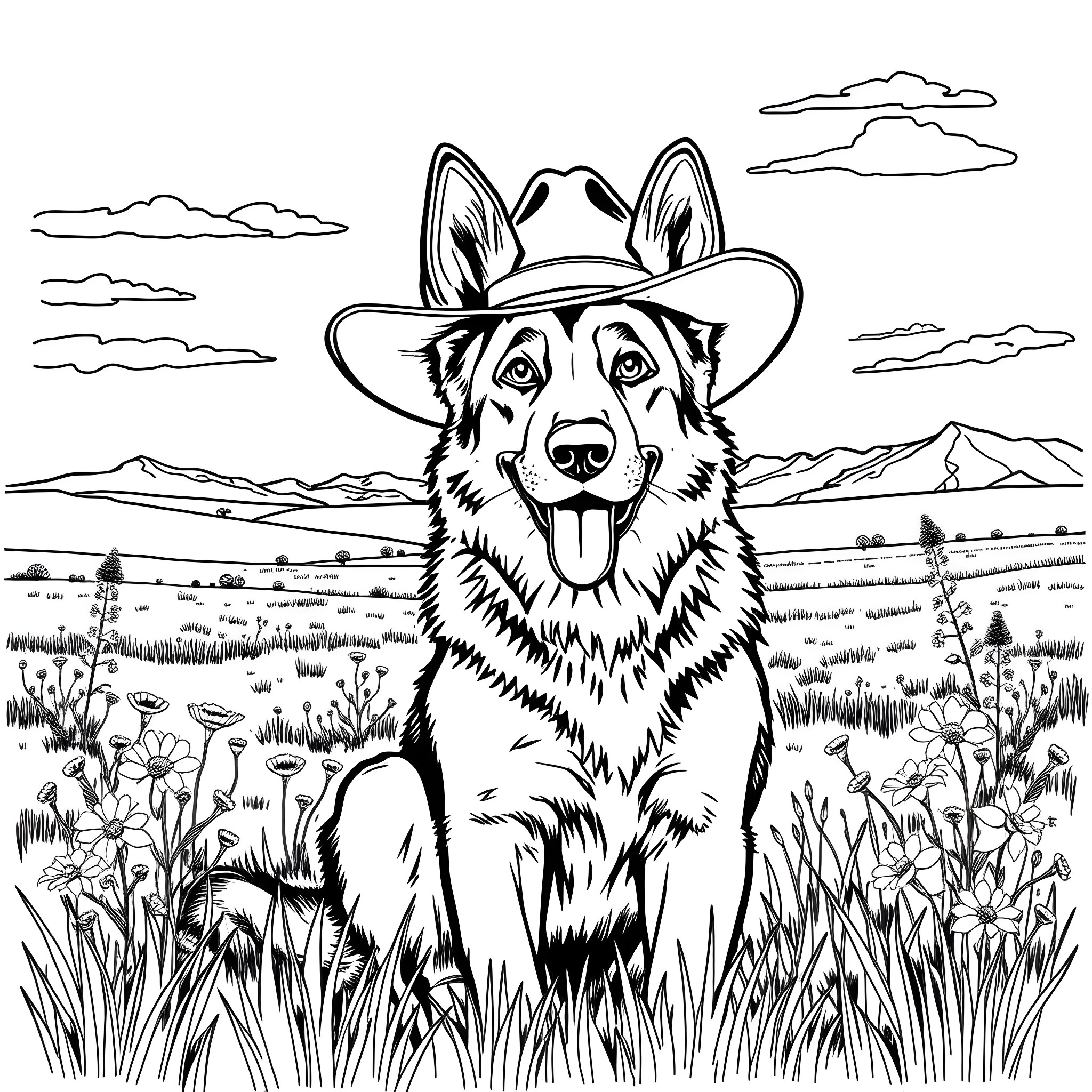 German Shepherd dog wearing a cowboy hat in a scenic landscape Coloring Page (free black-and-white line drawing printable PDF for all, from beginners to advanced learners, including children, teens, adults, and seniors)