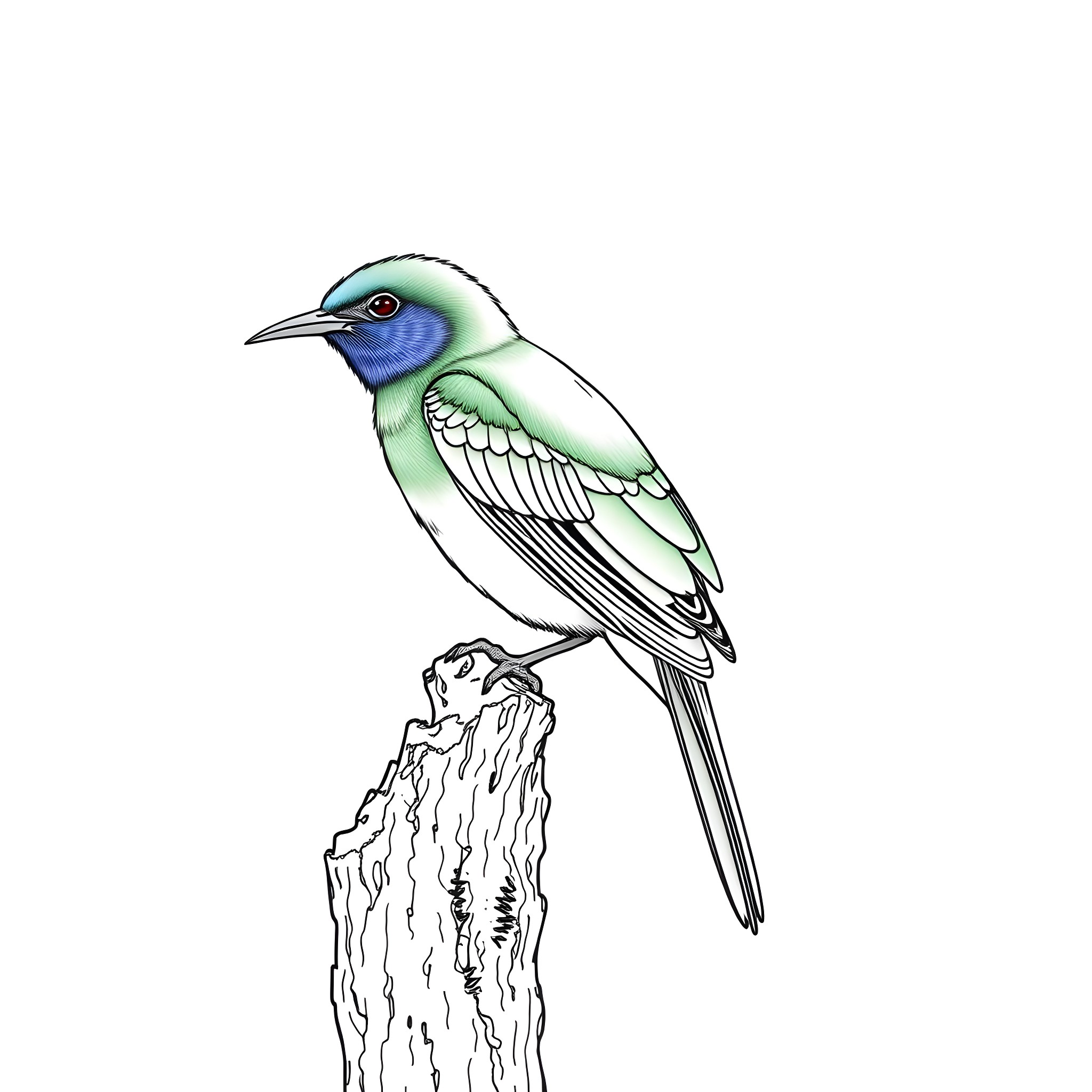 Dacnis bird perched on a branch Coloring Page (free black-and-white line drawing printable PDF for all, from beginners to advanced learners, including children, teens, adults, and seniors)
